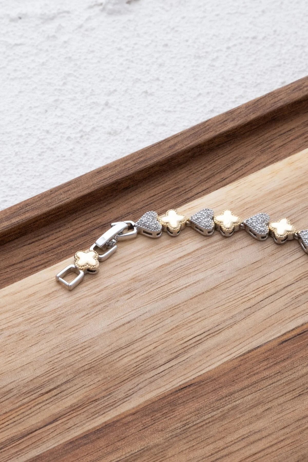 VIP Kalp Yonca Figür Bileklik Rodyum Kaplama Zirkon Taşlı Çift Renkli Gümüş Altın 17cm Uzatma 3cm