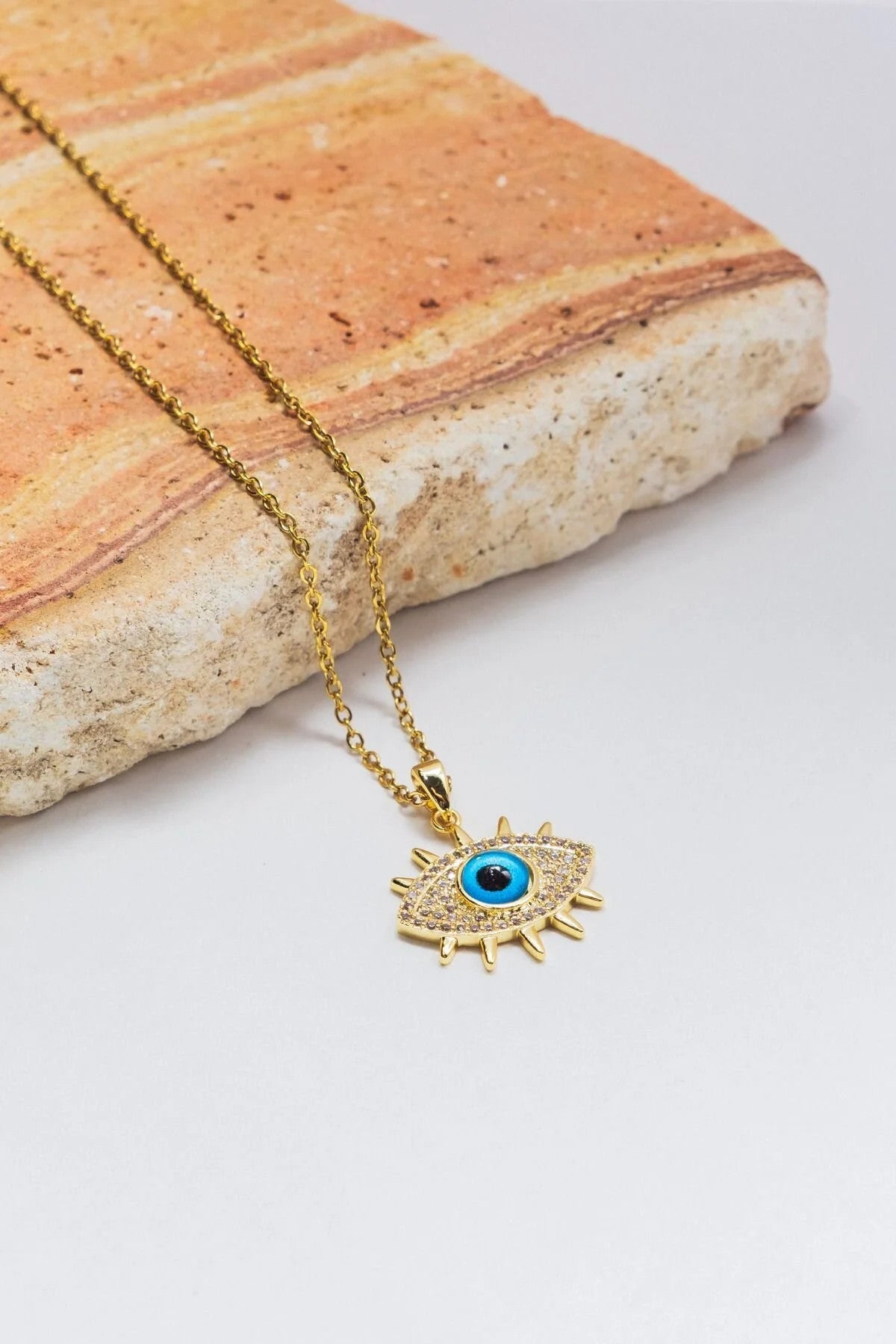 Çelik Taşlı Mavi Göz Kolye Kararmaz