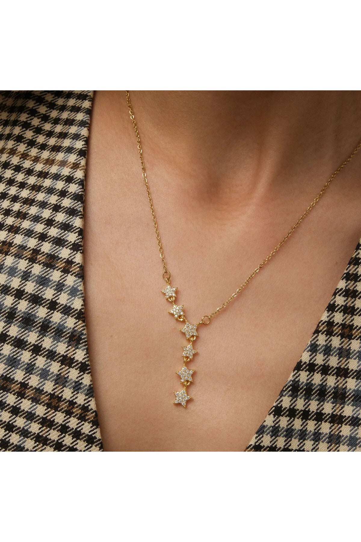 Çelik Taşlı Yıldız Kolye Altılı Yıldız Serisi Kararmaz