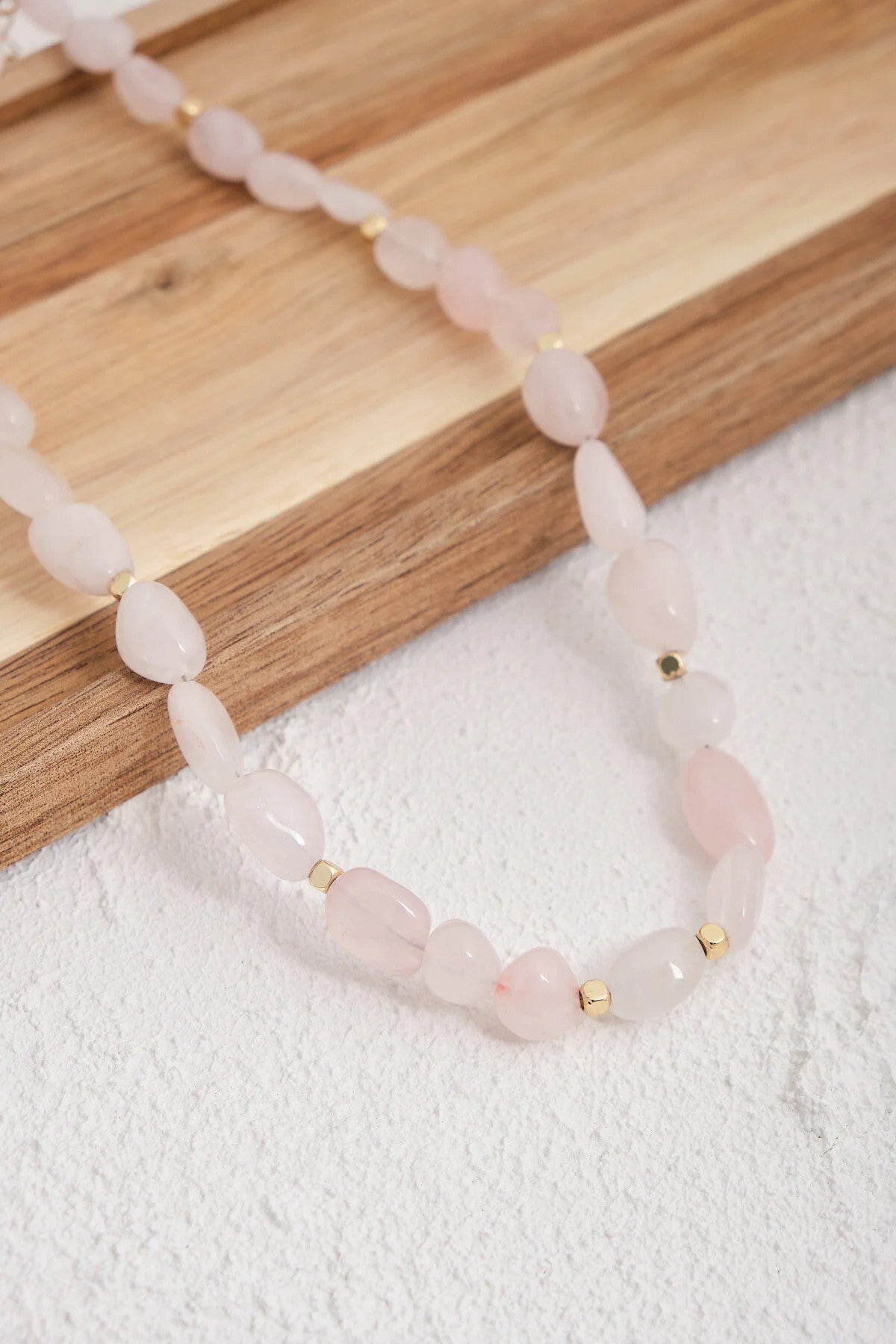 Pembe Kuvars Doğal Taş Kolye 40cm+5cm El İşi Özel Yapım Gerçek Kuvars Taşı