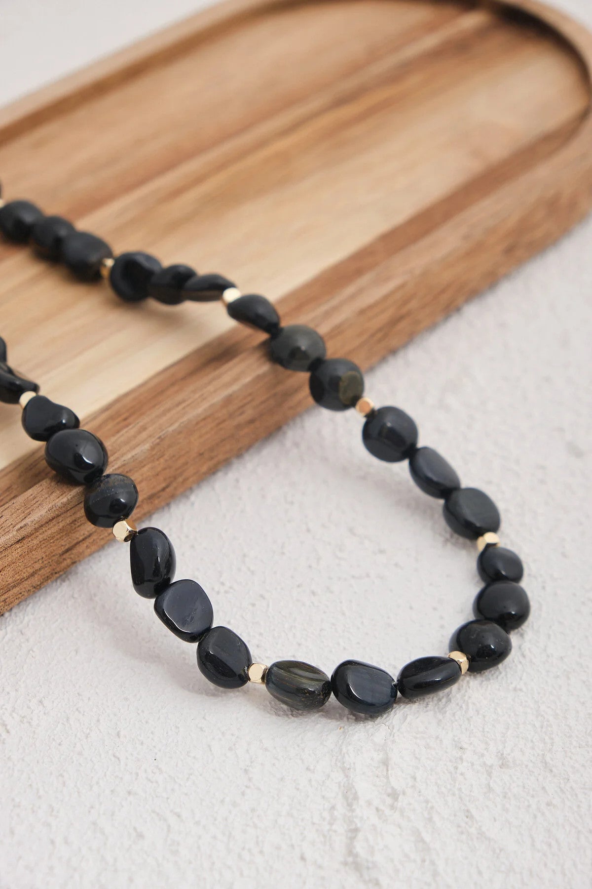 Obsidyen Doğal Taş Kolye 40cm+5cm El İşi Özel Yapım Gerçek Obsidyen Siyah Taş