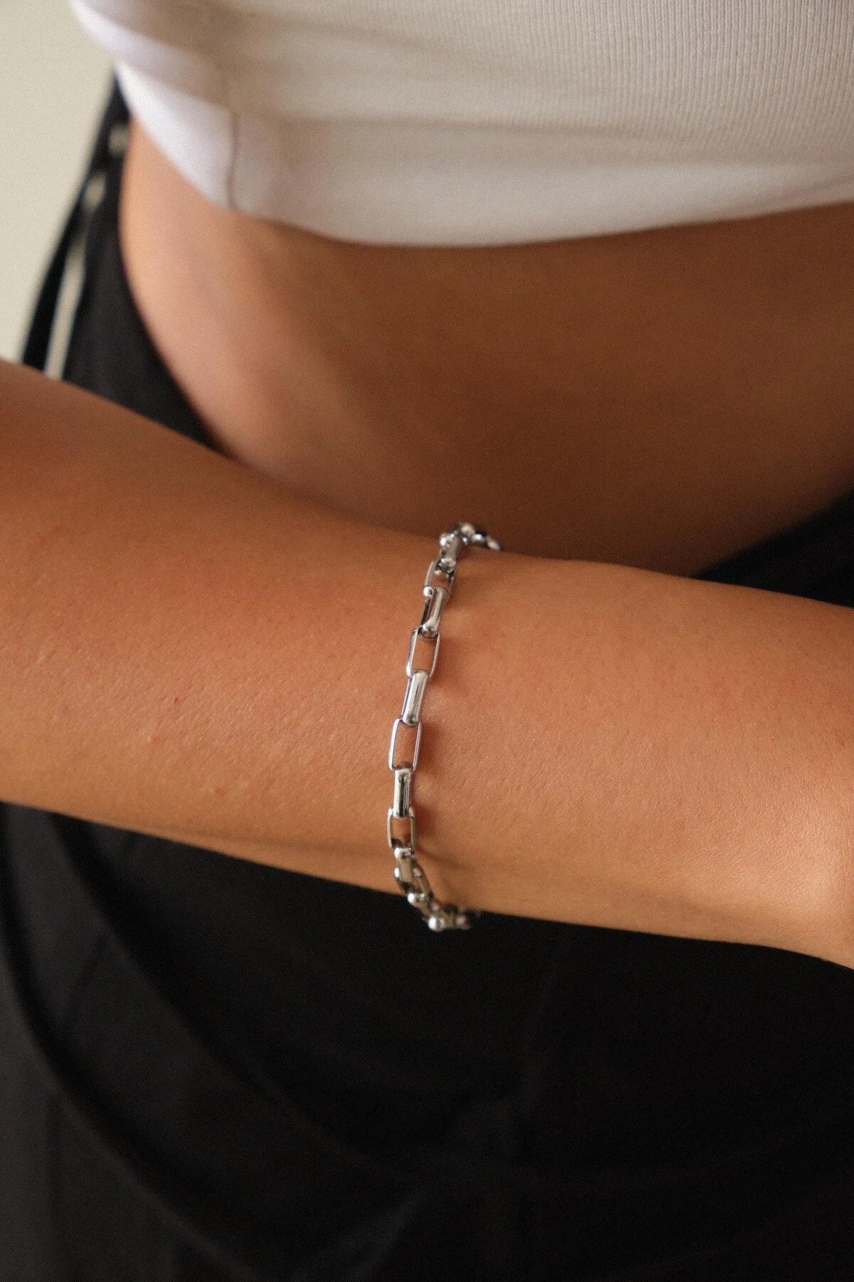 Çelik İnce Dikdörtgen Zincir Bileklik Kararmaz 4mm 17cm+4cm&21cm Günlük Kullanıma Uygun