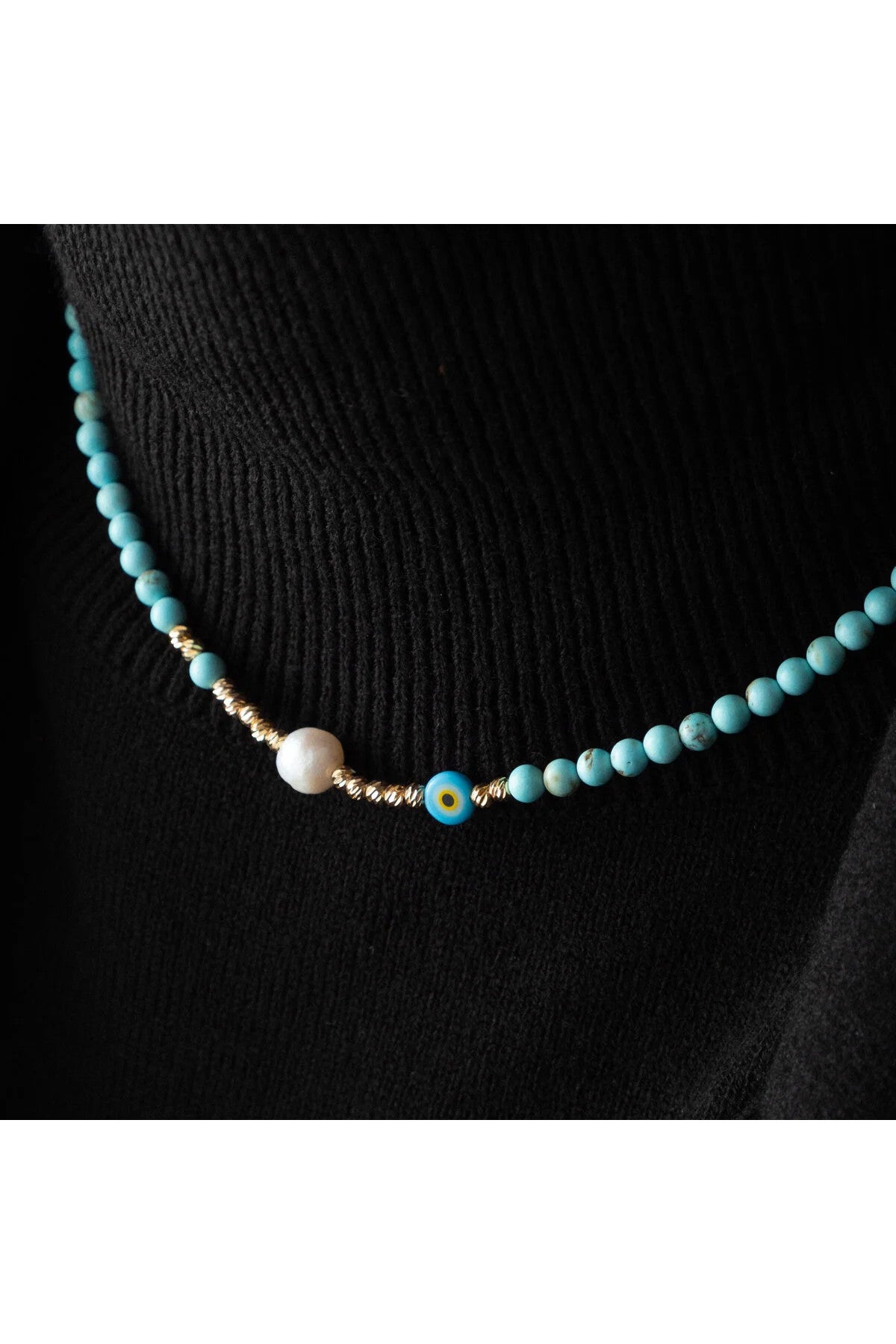 Deniz Serenite Doğal Taş Kolye Turkuaz ve İnci Taş Kolye 40cm