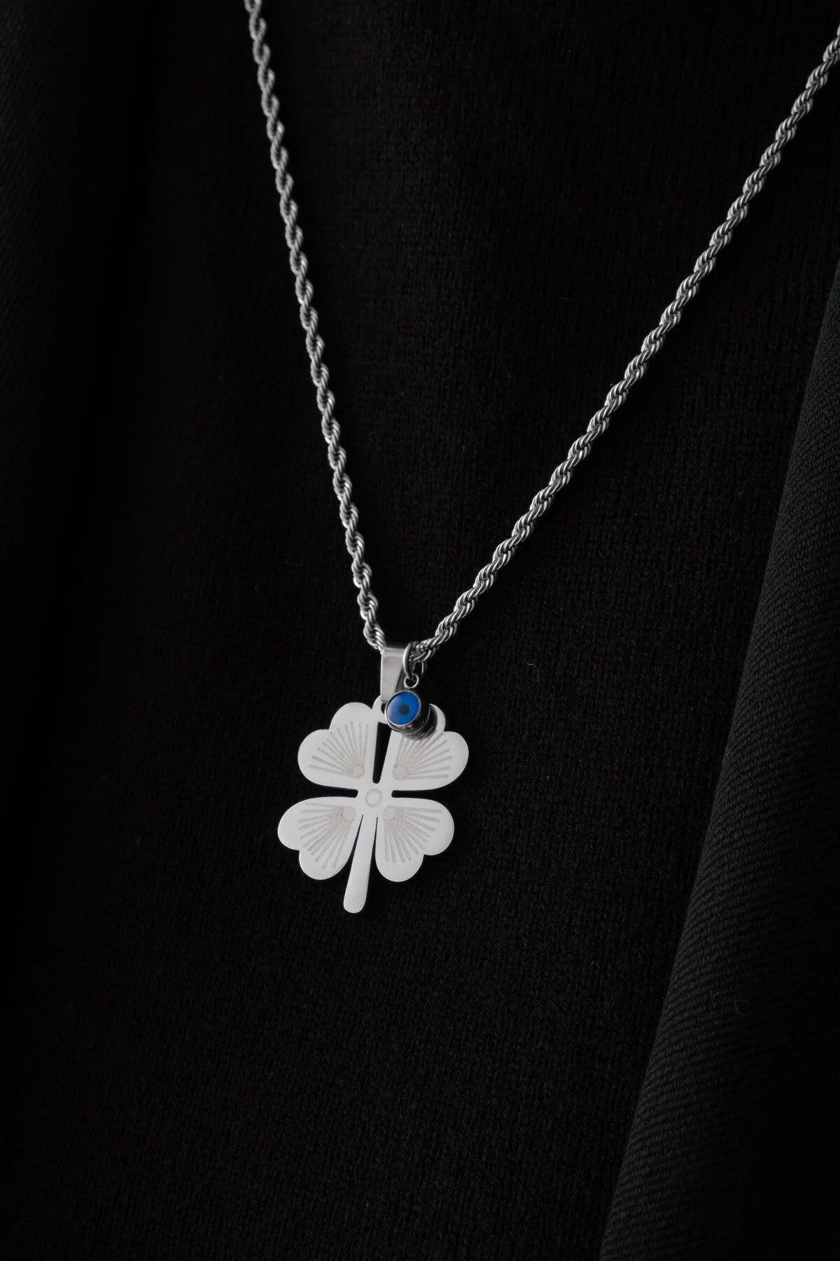 Çelik Yonca Kolye Nazar Boncuklu Dört Yapraklı Yonca Arkadaşa Dosta Hediye 60cm