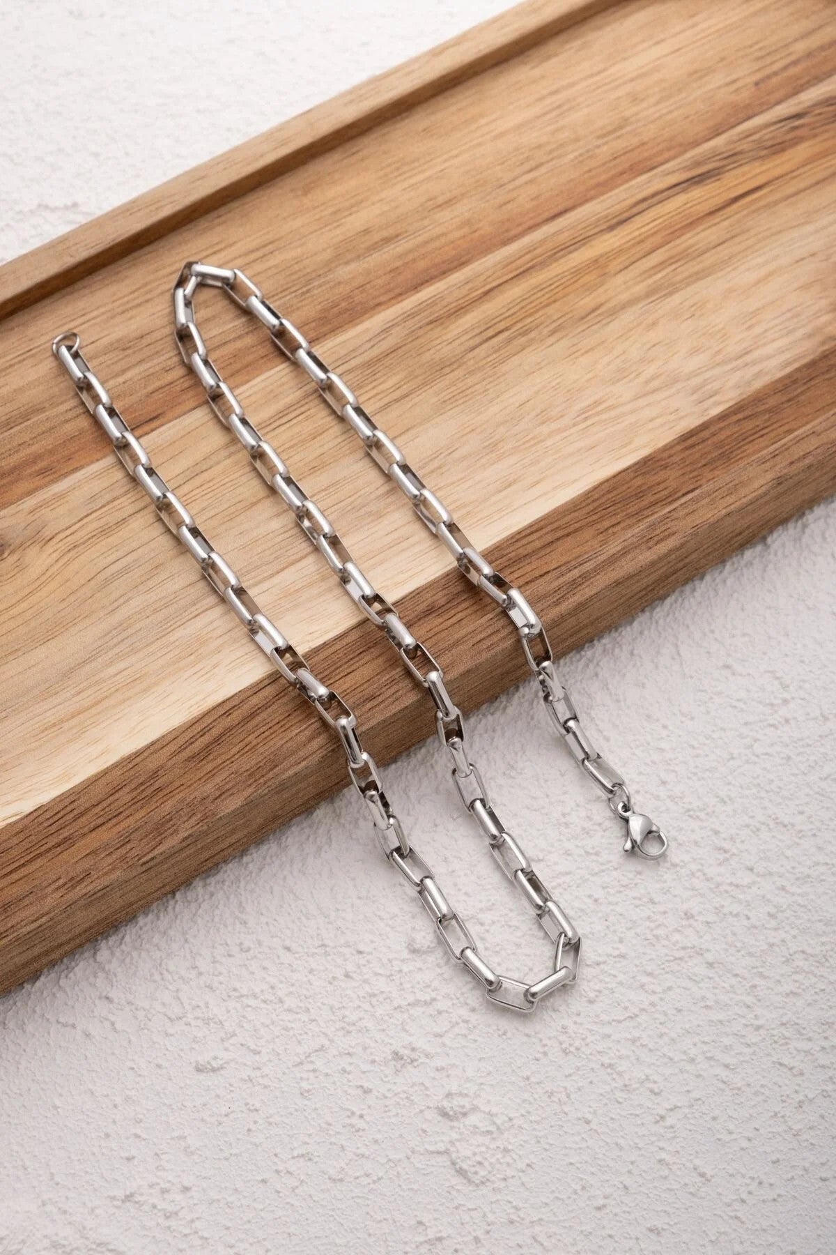 Çelik Dikdörtgen Erkek Zincir Kolye 4mm Kararmaz