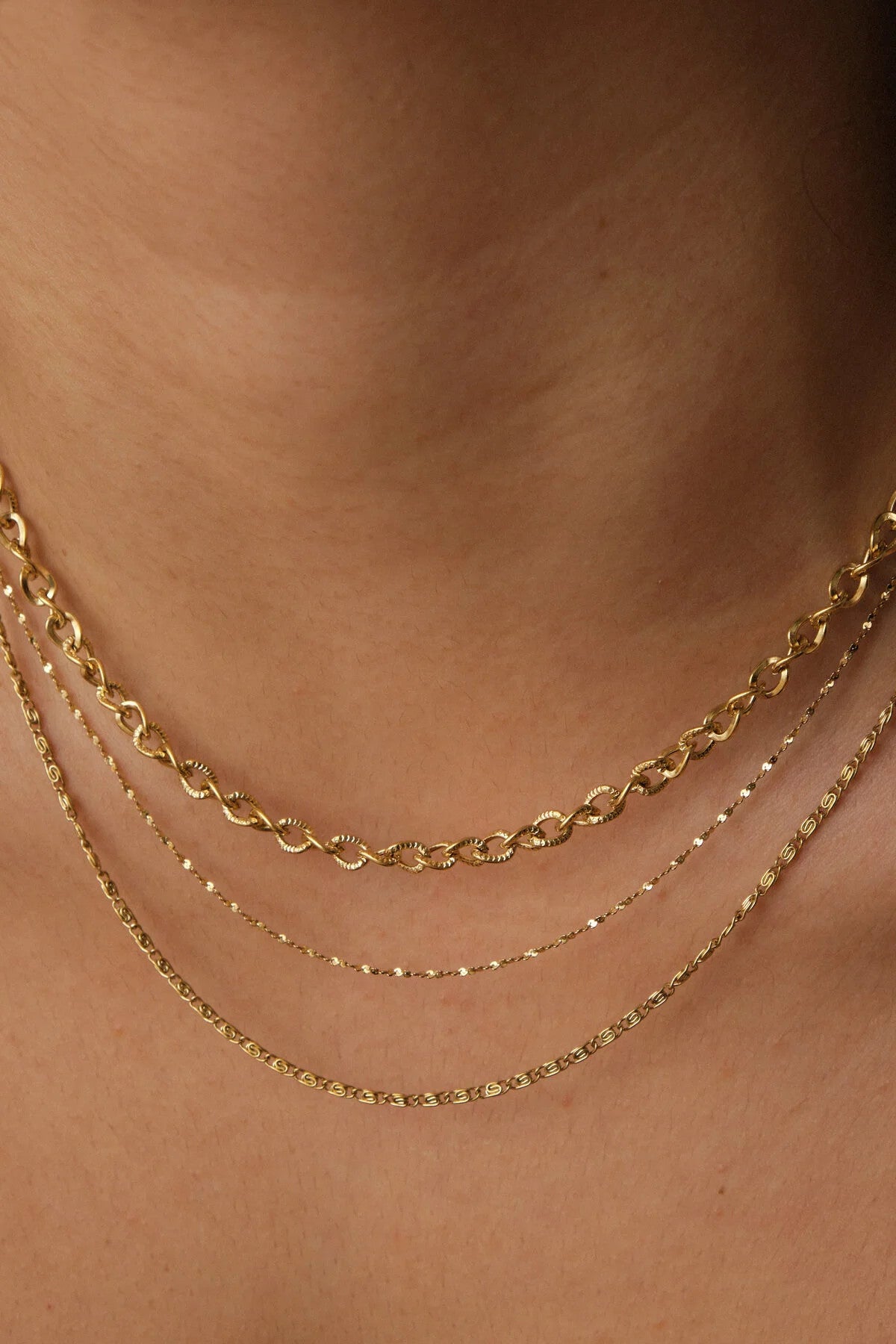 Çelik 3'lü Kombin Dokulu Sarmal, Salyangoz ve Ezme Burgu Zincir Kolye 45cm+5cm Minimal Kararmaz