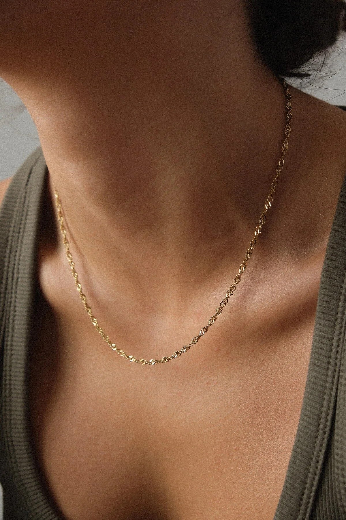 Çelik Singapur Zincir Kolye İnce İthal Singapur Sarma Burgu Zincir 2mm Zarif Minimal