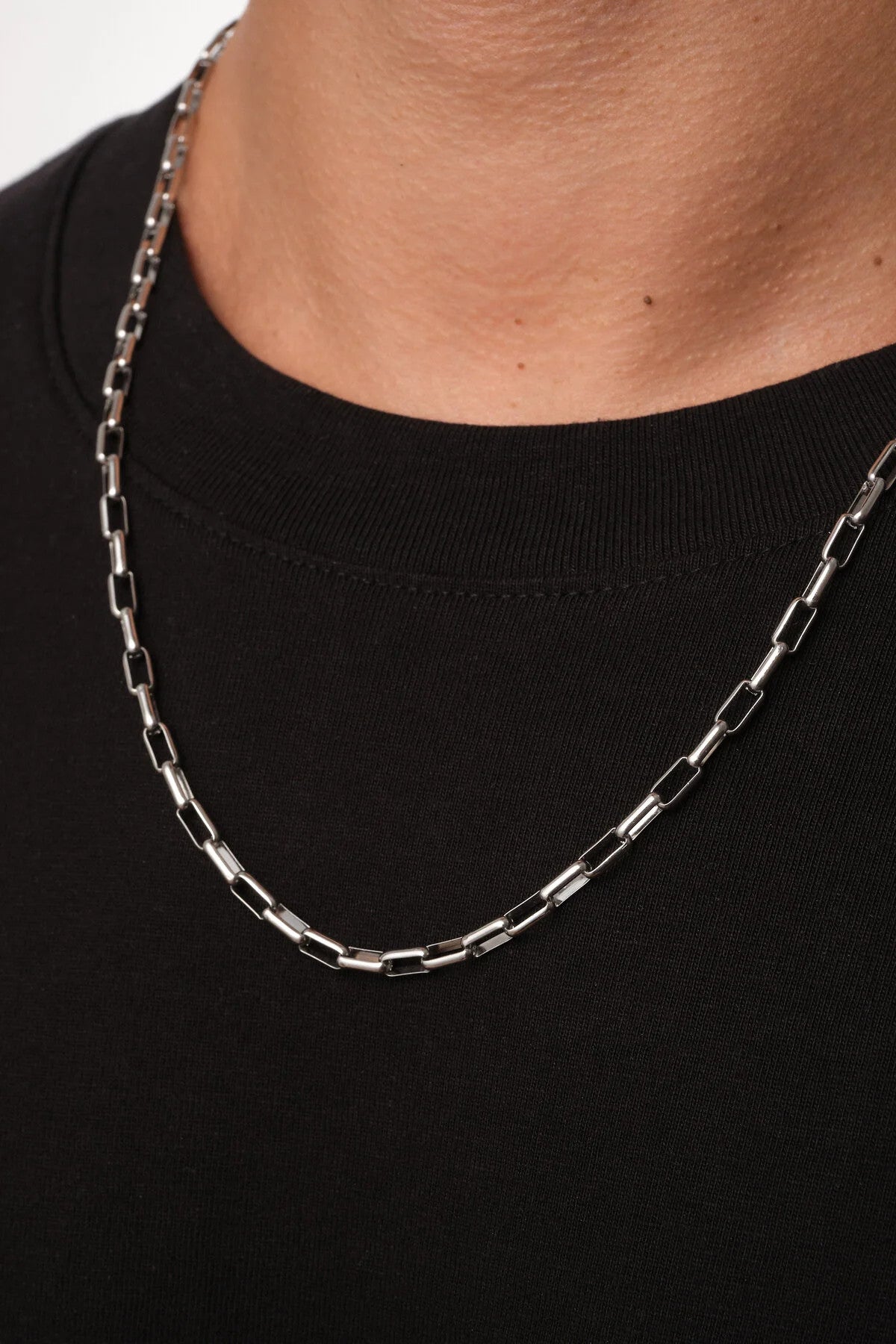 Çelik Dikdörtgen Erkek Zincir Kolye 4mm Kararmaz