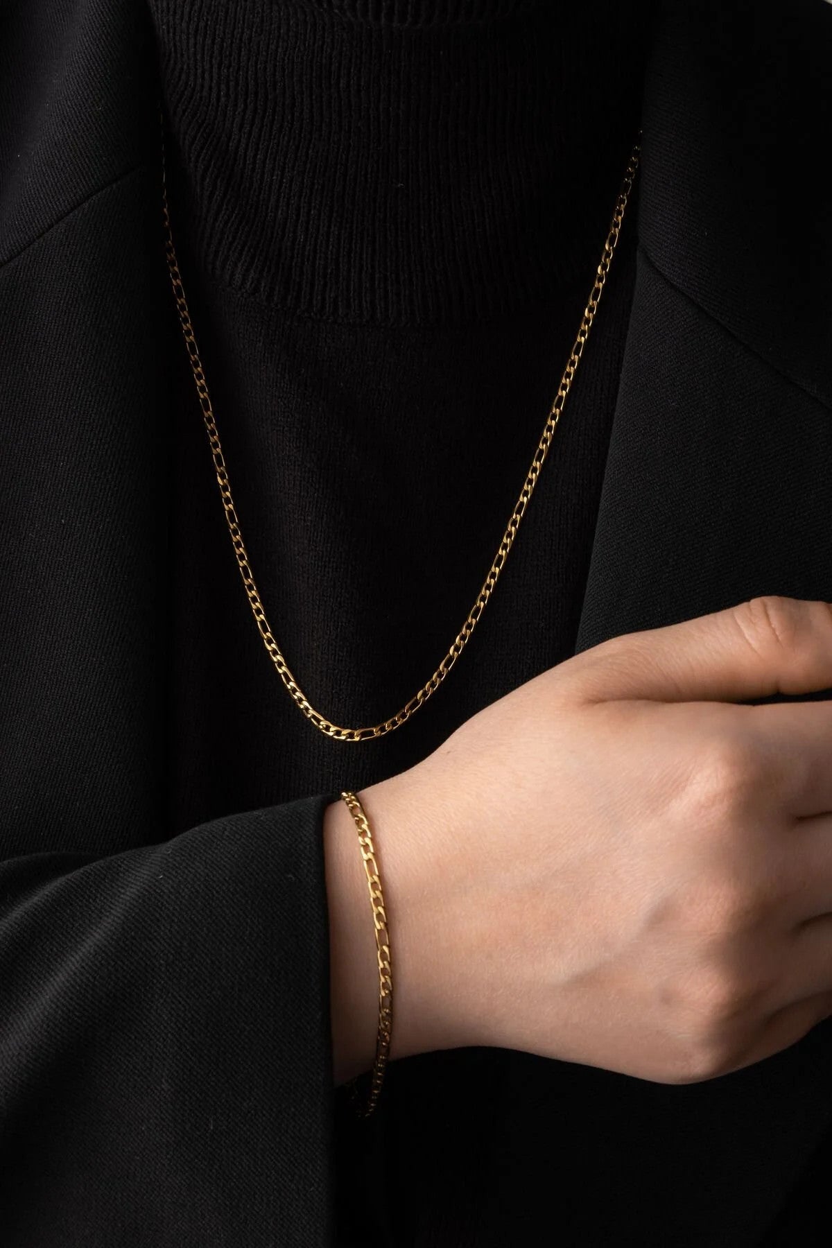 Çelik İnce Set Figaro Zincir Kolye Bileklik Set Kararmaz 3mm Unisex 45cm&18cm