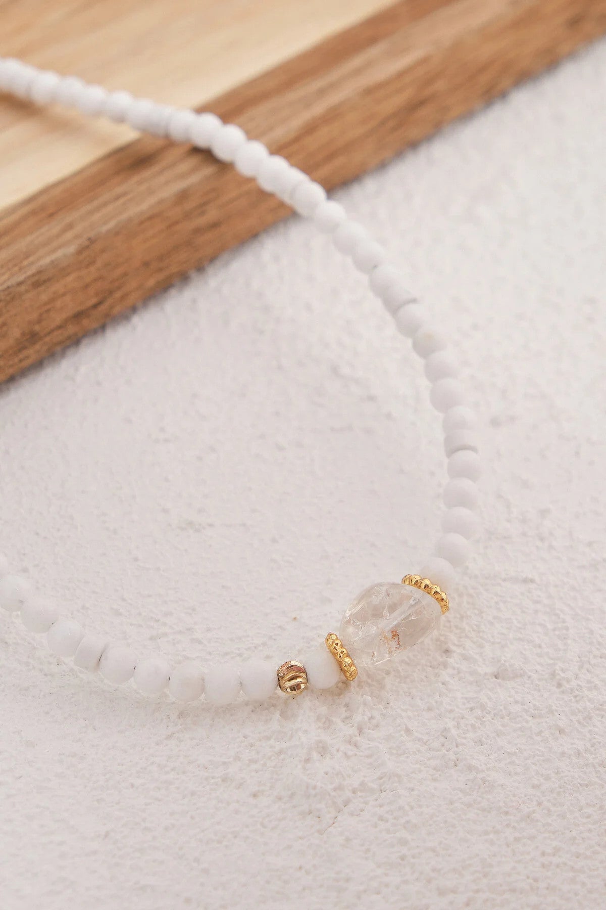 Beyaz Kuvars Doğal Taş Kolye 40cm+5cm El İşi Özel Yapım Gerçek Kuvars Taşı