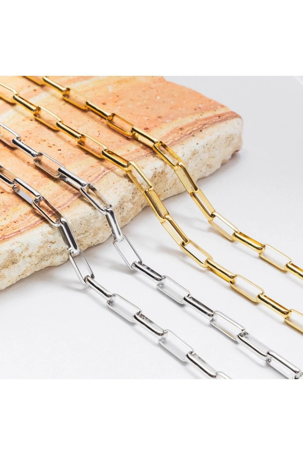 Çelik Dikdörtgen Zincir Kolye Kararmaz Zincir Unisex Gümüş