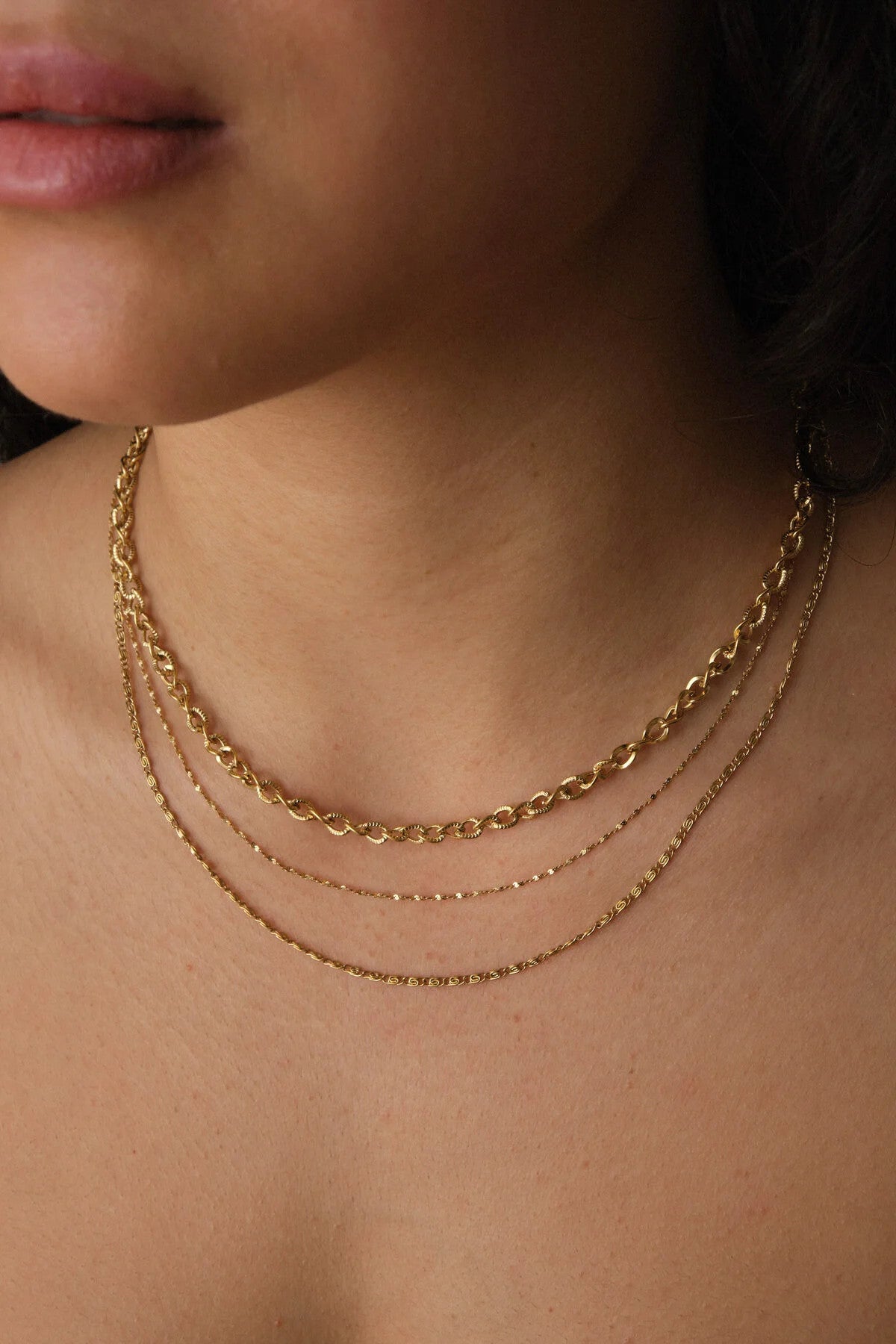 Çelik 3'lü Kombin Dokulu Sarmal, Salyangoz ve Ezme Burgu Zincir Kolye 45cm+5cm Minimal Kararmaz