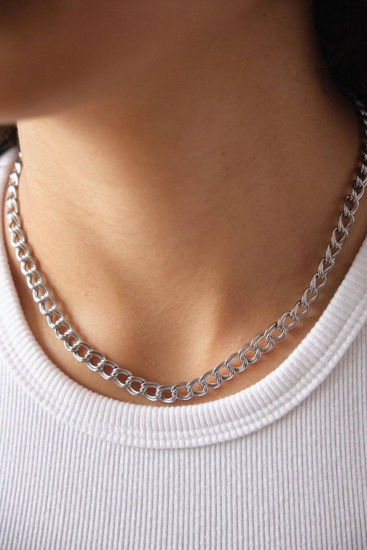 Çelik Çift Halkalı Zincir Kolye Kalın İç İçe Geçmeli Zincir Kolye 7mm Kararmaz