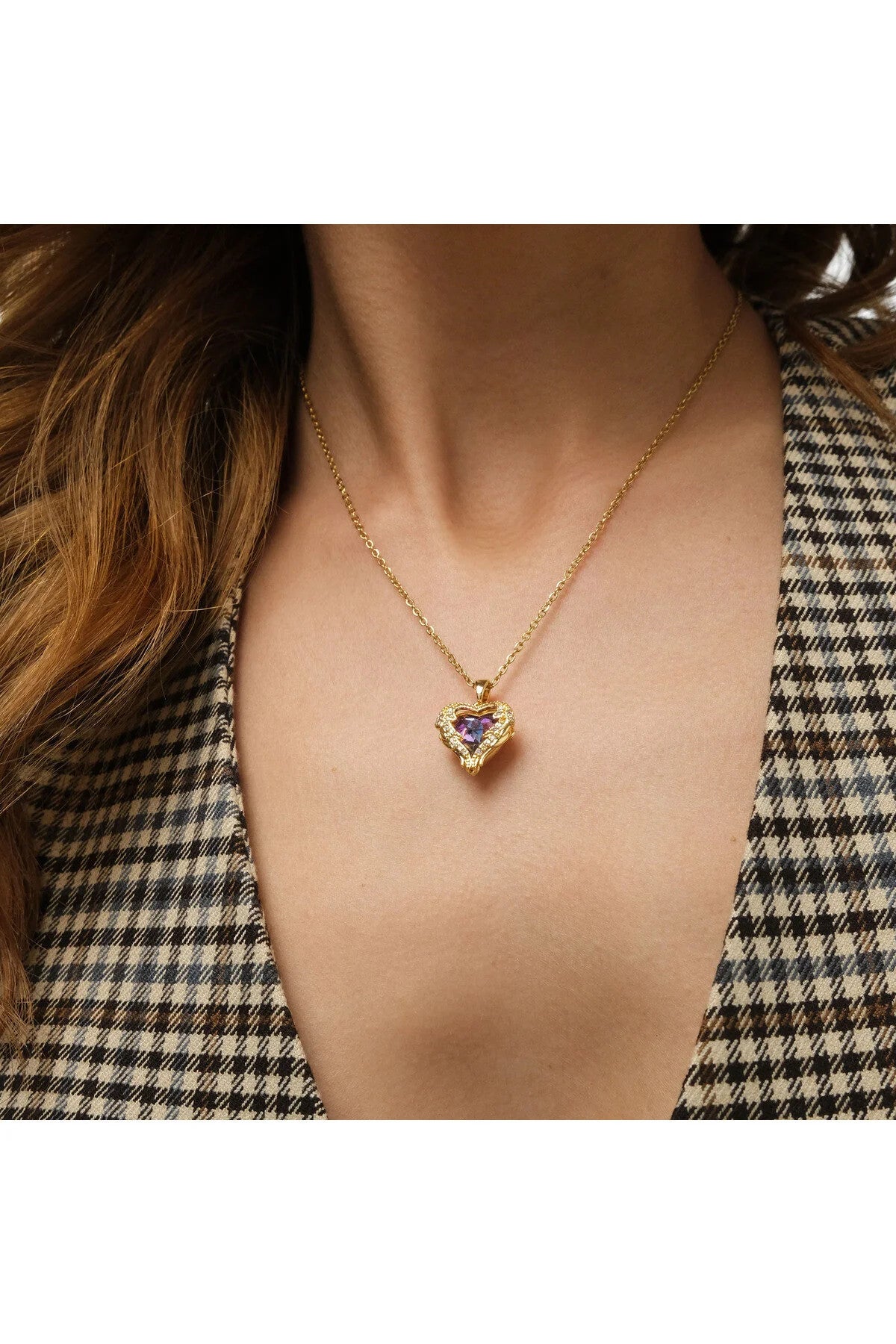 Çelik Rekli Taş Kalp Kolye Kararmaz