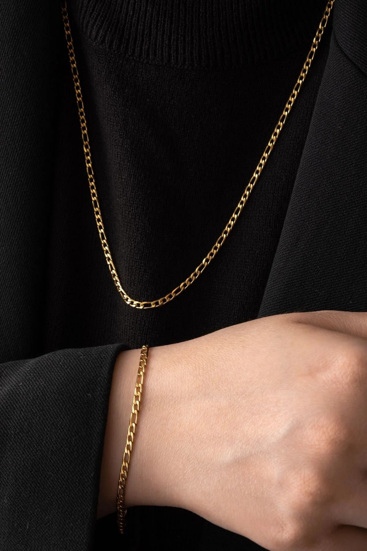 Çelik İnce Set Figaro Zincir Kolye Bileklik Set Kararmaz 3mm Unisex 45cm&18cm