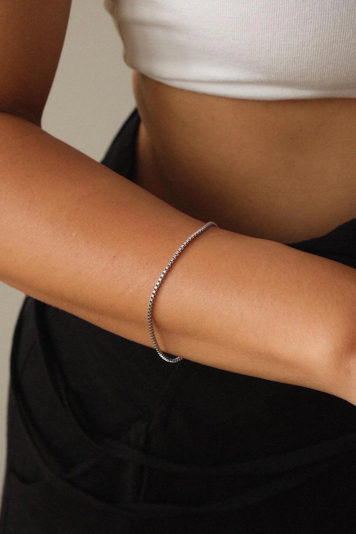 Çelik Kutu Kare Zincir Bileklik İnce Box Küba Zincir 1mm Zarif Minimal 17cm+4cm&21cm