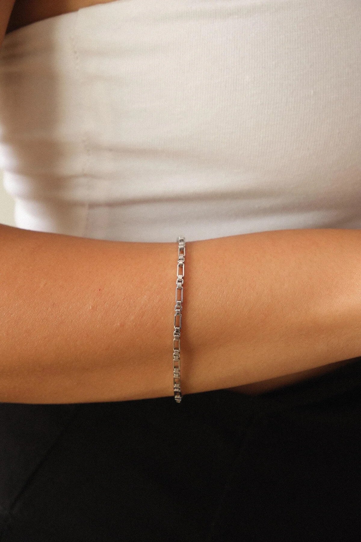 Çelik Dikdörtgen Kare Bileklik Kutu Dikdörtgen Bileklik 2mm Kararmaz 17cm+4cm-21cm