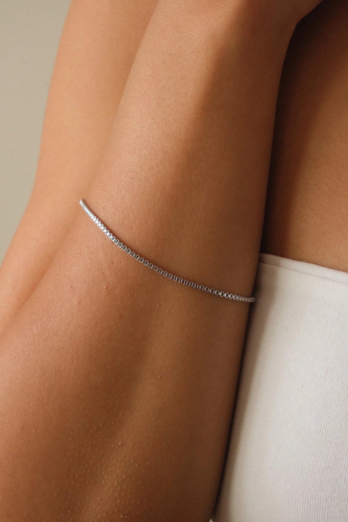 Çelik Kutu Kare Zincir Bileklik İnce Box Küba Zincir 1mm Zarif Minimal 17cm+4cm&21cm