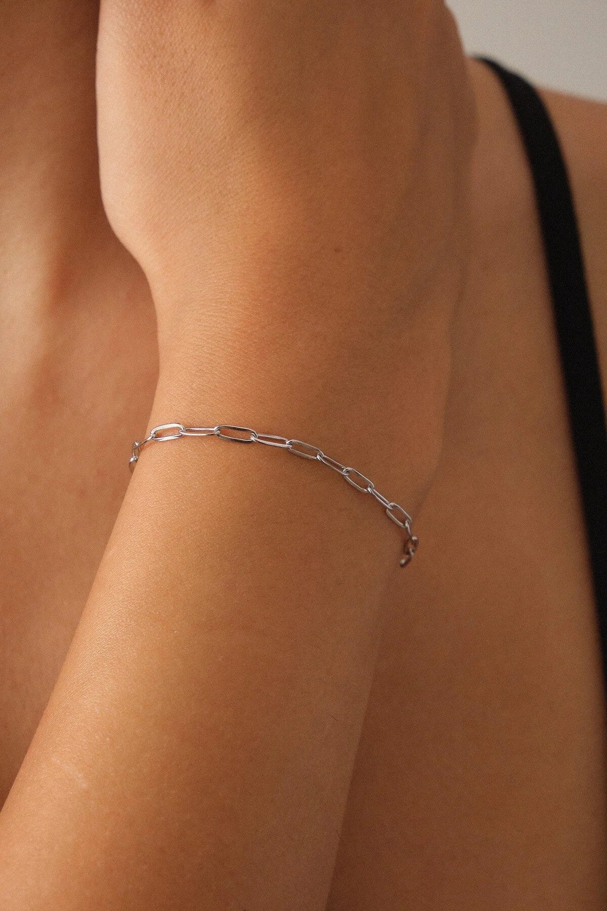 Çelik Ataç Oval Halka Zincir Bileklik Günlük Kullanıma Uygun Kararmaz Kablo Zincir 2mm 17cm+4cm&21cm