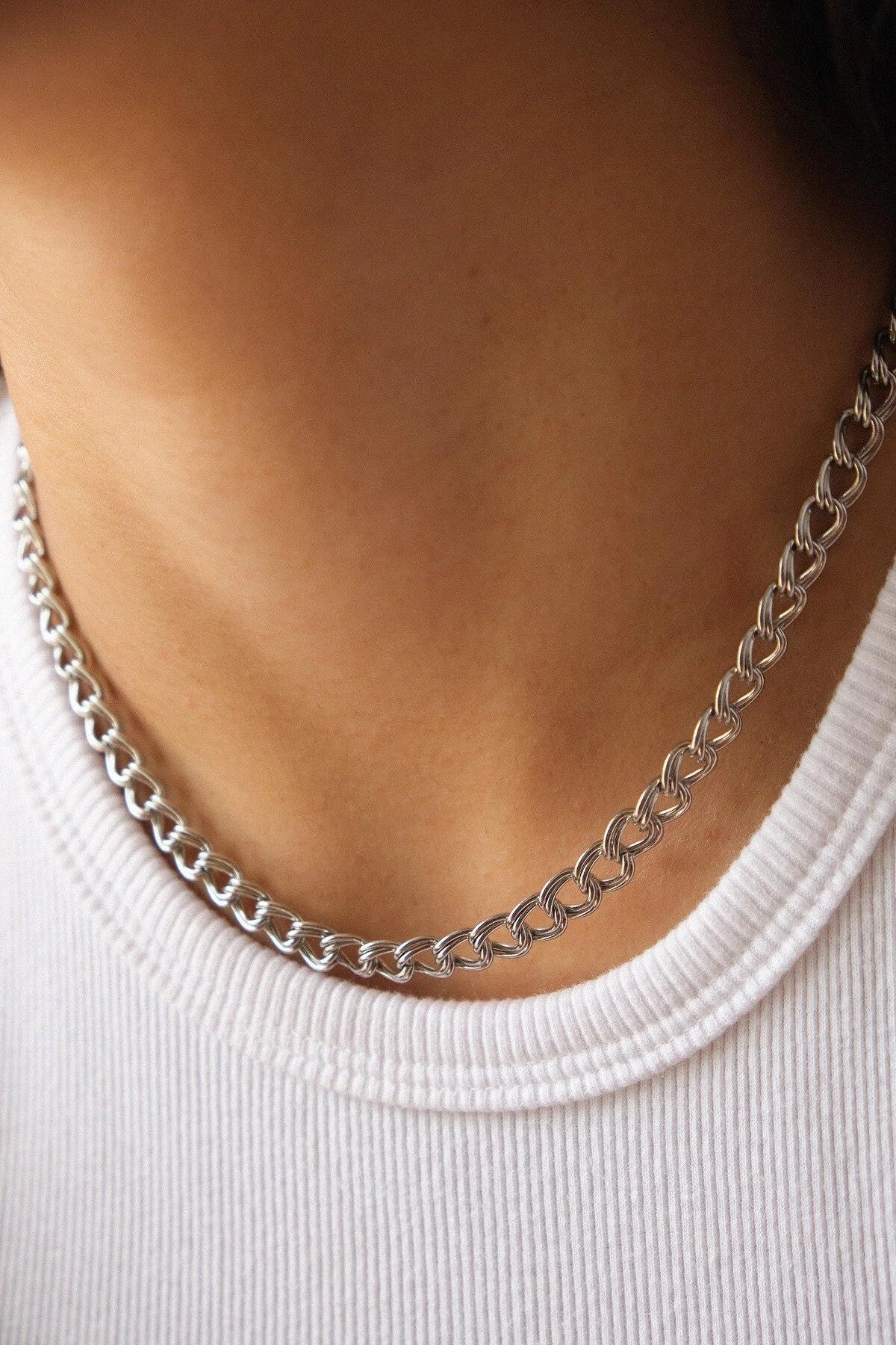 Çelik Çift Halkalı Zincir Kolye Kalın İç İçe Geçmeli Zincir Kolye 7mm Kararmaz