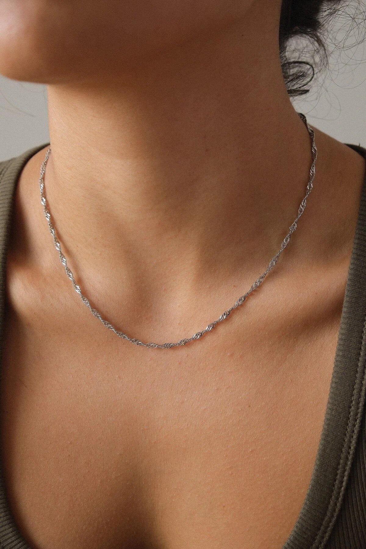 Çelik Singapur Zincir Kolye İnce İthal Singapur Sarma Burgu Zincir 2mm Zarif Minimal