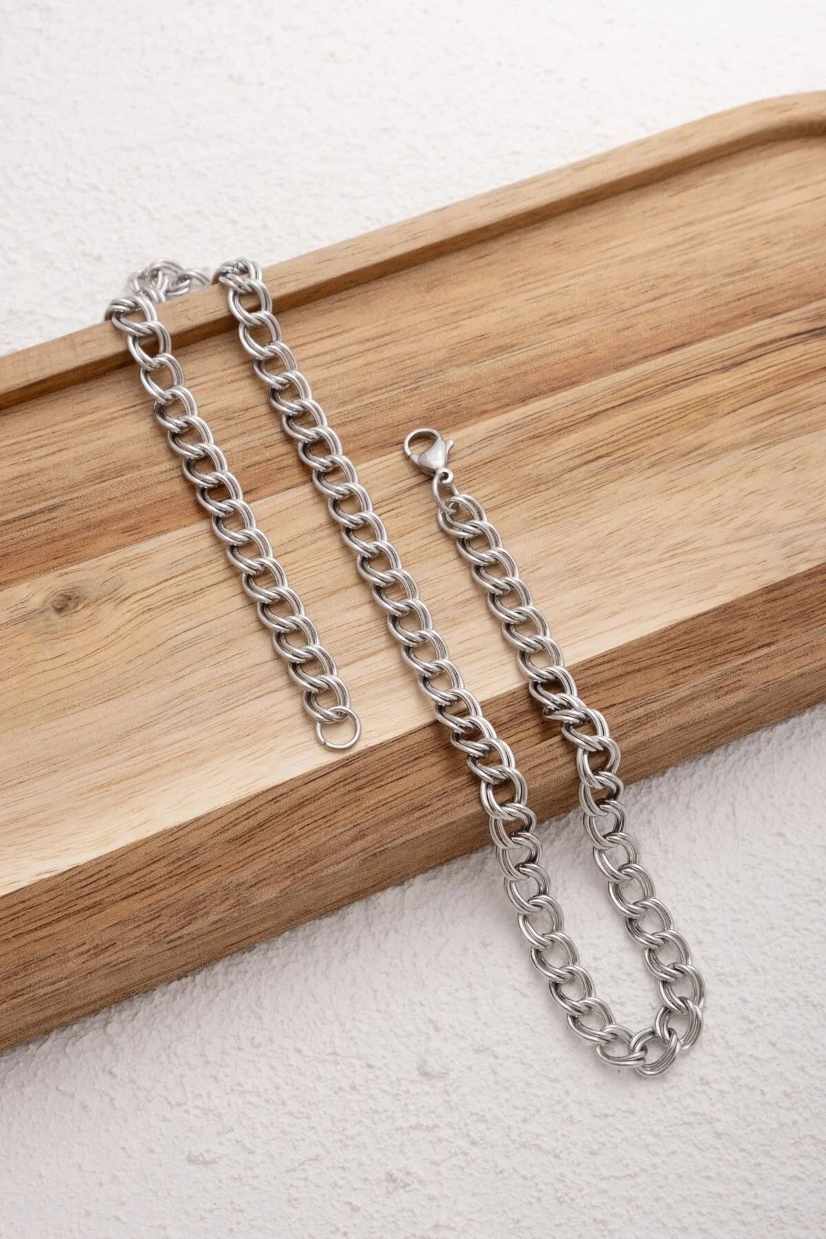 Çelik Çift Halkalı Zincir Kolye Kalın İç İçe Geçmeli Zincir Kolye 7mm Kararmaz