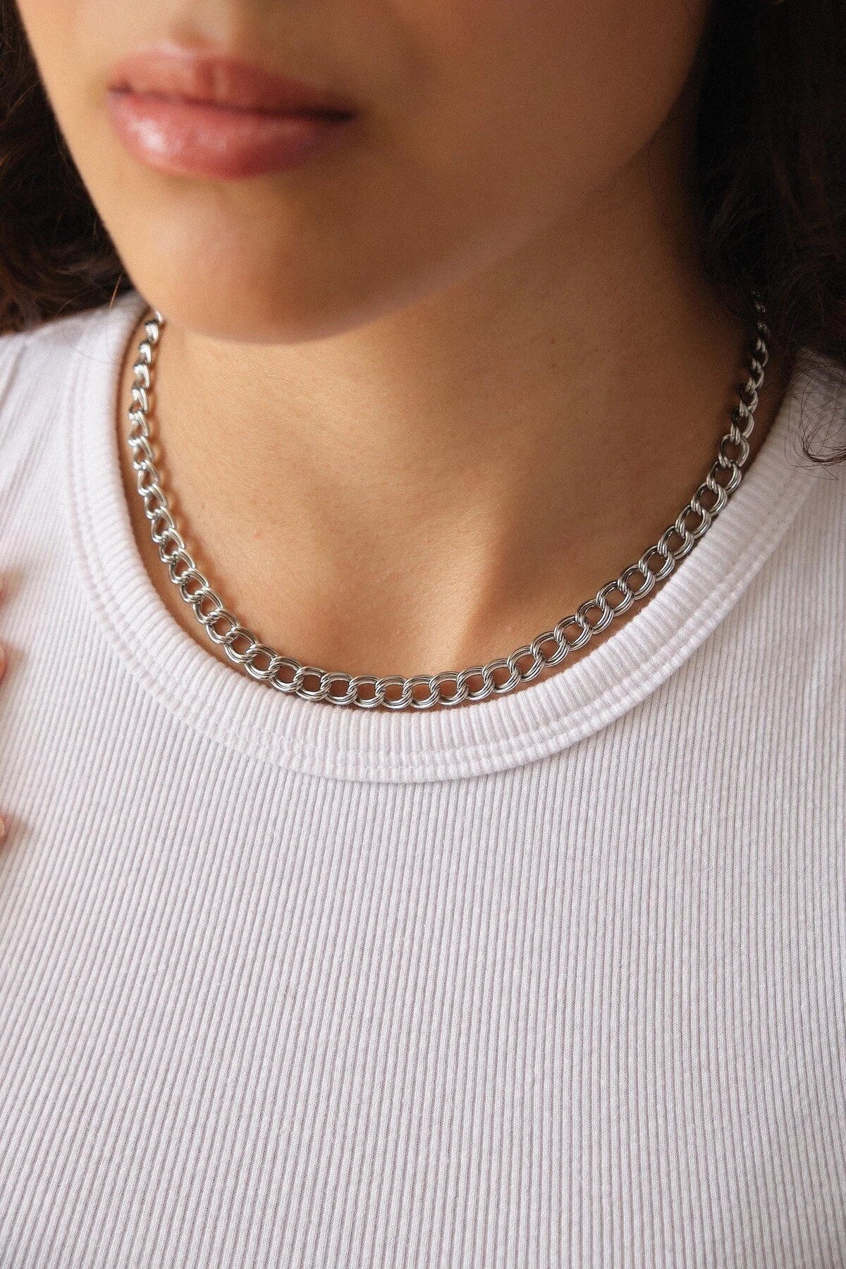 Çelik Çift Halkalı Zincir Kolye Kalın İç İçe Geçmeli Zincir Kolye 7mm Kararmaz