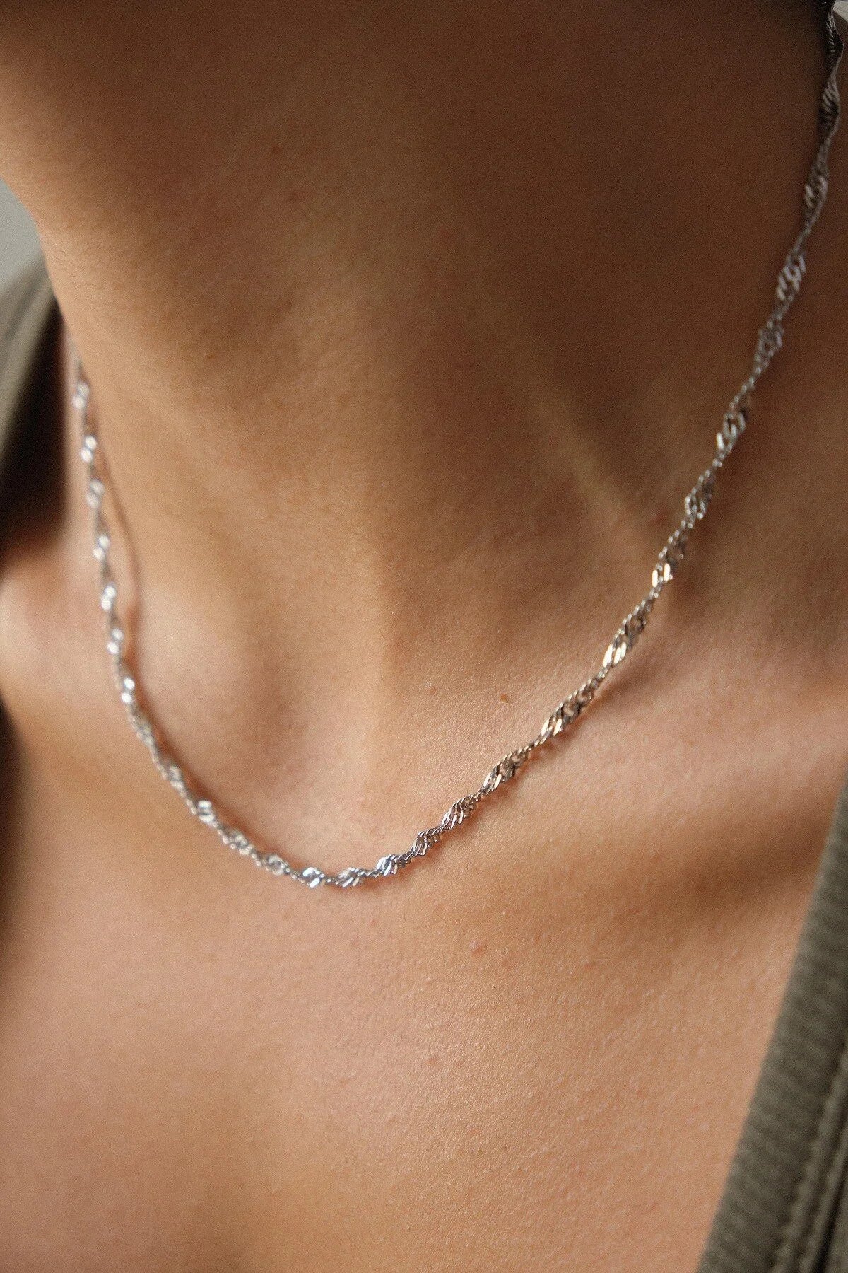 Çelik Singapur Zincir Kolye İnce İthal Singapur Sarma Burgu Zincir 2mm Zarif Minimal