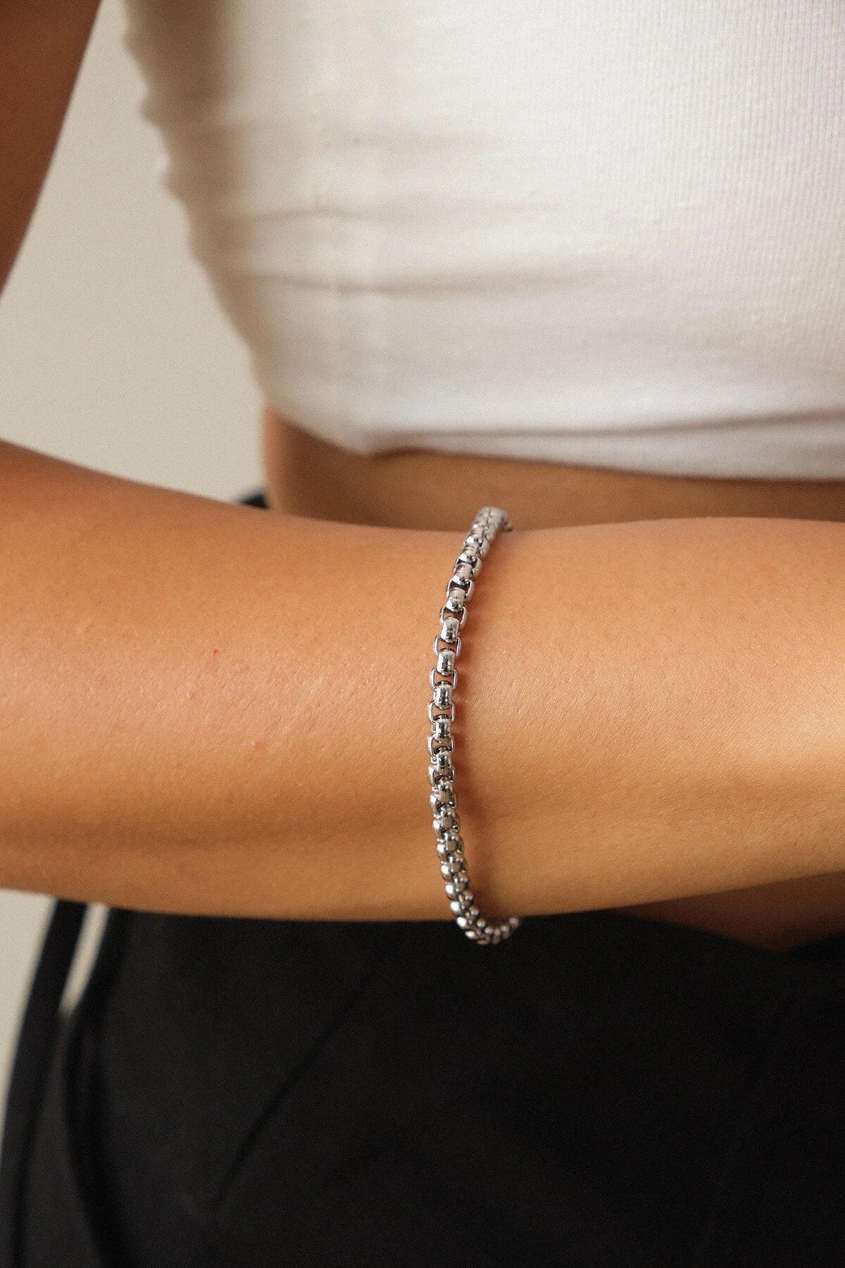 Çelik Top Zincir Bileklik Günlük Kullanıma Uygun 3mm Yuvarlak Halka Zincir Bileklik 17cm+4cm&21cm