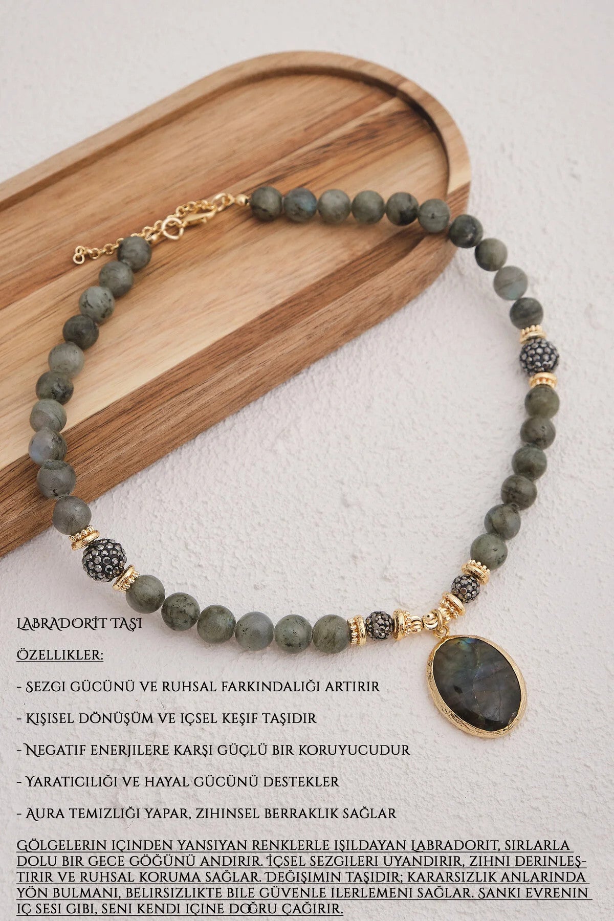 Labradorit Doğal Taş Kolye 40cm+5cm El İşi Özel Yapım Gerçek Labradorit Taşı