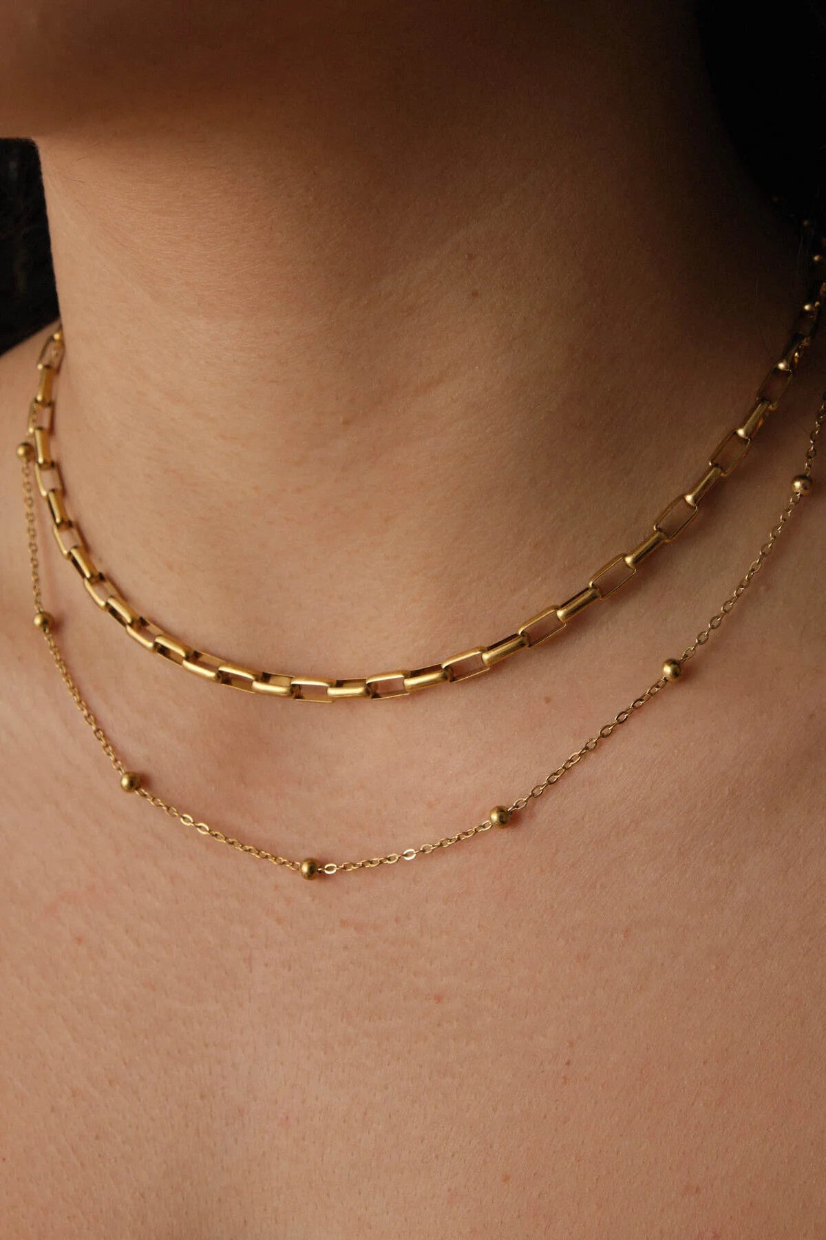 Çelik 2'li Kombin Toplu ve Ataç Dikdörtgen Zincir Kolye Minimal Kararmaz 45+5cm