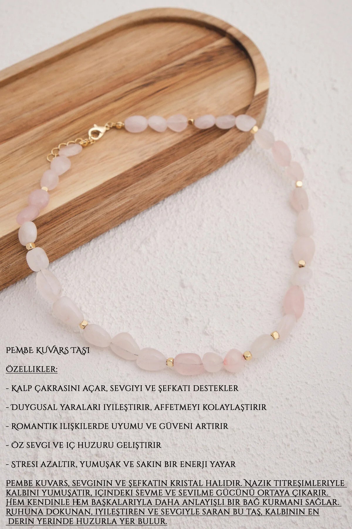 Pembe Kuvars Doğal Taş Kolye 40cm+5cm El İşi Özel Yapım Gerçek Kuvars Taşı