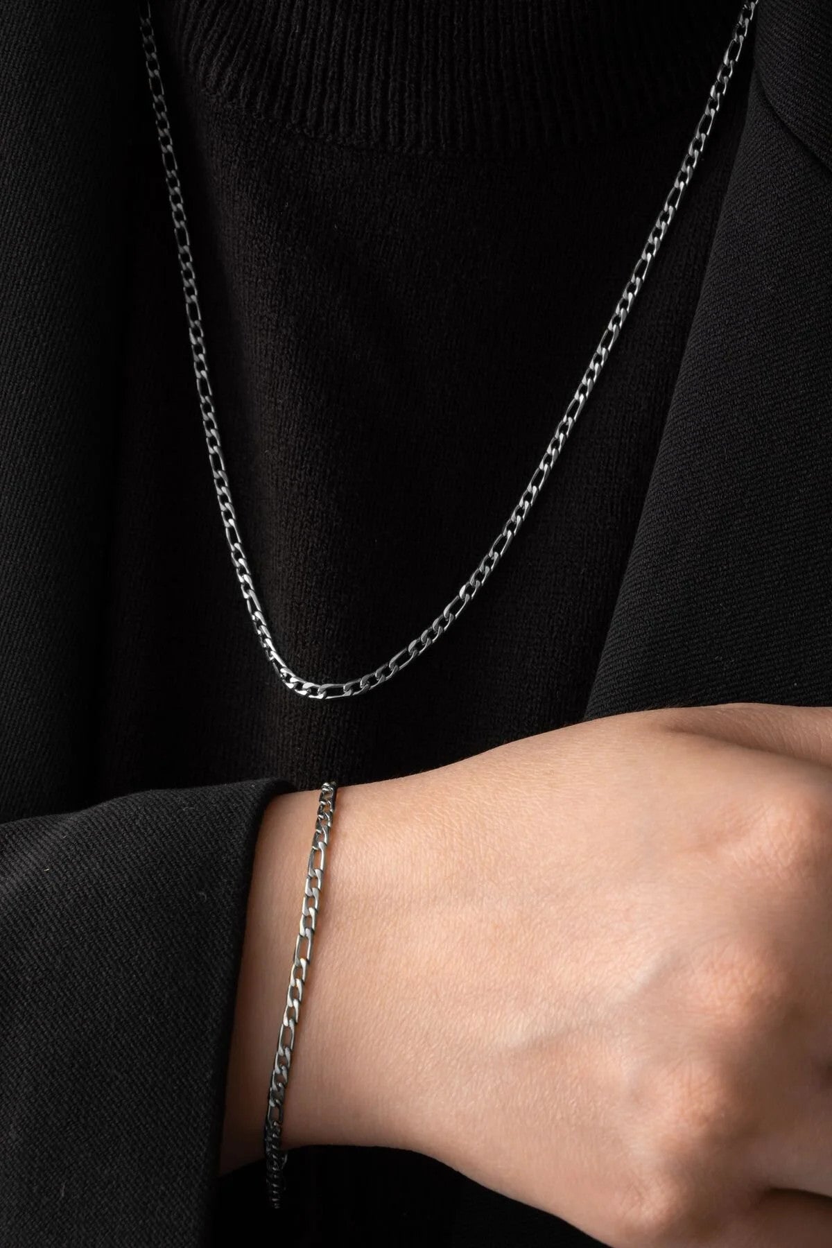 Çelik İnce Set Figaro Zincir Kolye Bileklik Set Kararmaz 3mm Unisex 45cm&18cm