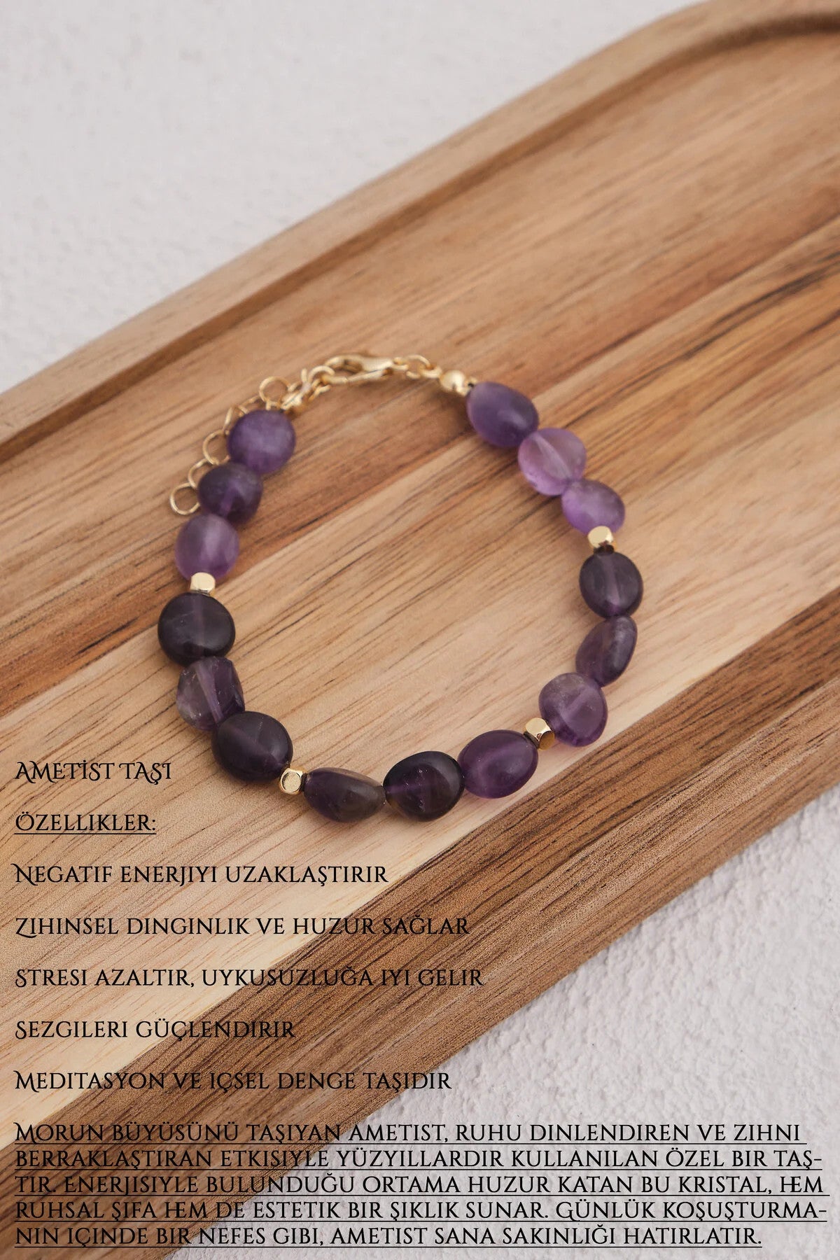 Ametist Doğal Taş Bileklik 17cm+4cm El İşi Özel Yapım Gerçek Ametist Taş