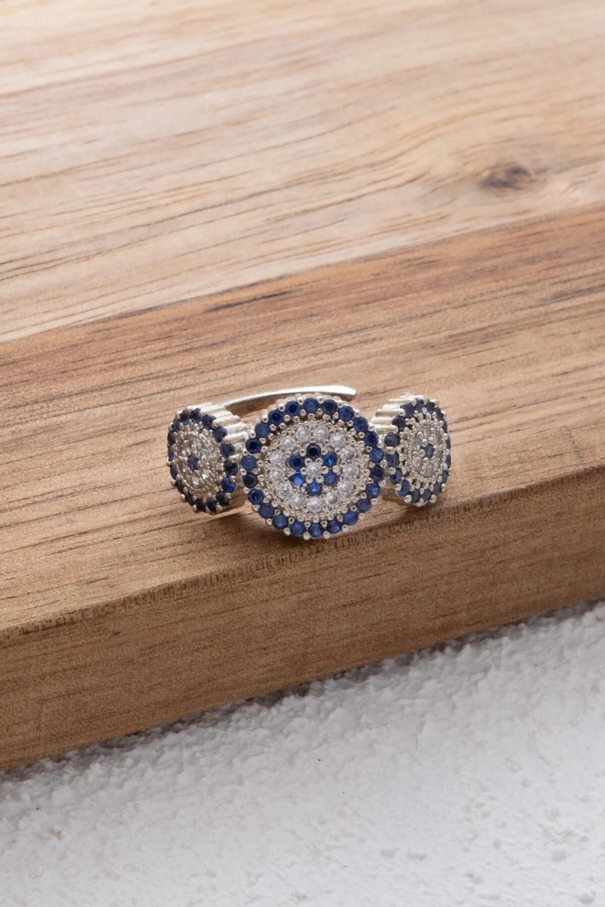 3lü Nazar Boncuklu Yüzük Beyaz Mavi Zirkon Taşlı Free Size Ayarlanabilir Ölçü