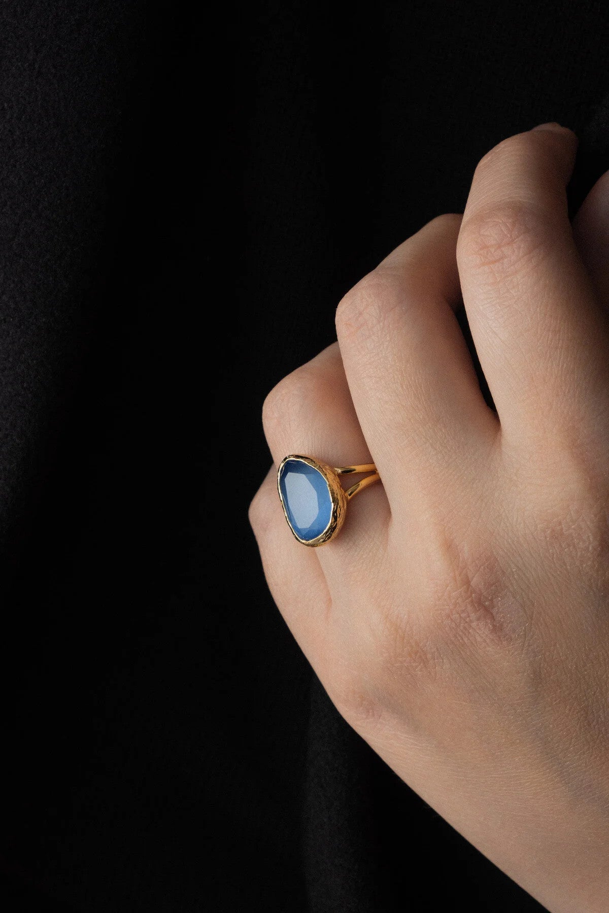 Kedi Gözü Mavi Doğal Taş Yüzük Freesize Ayarlanabilir El İşi Özel Yapım Kedi Gözü Parlak Taş Yüzük