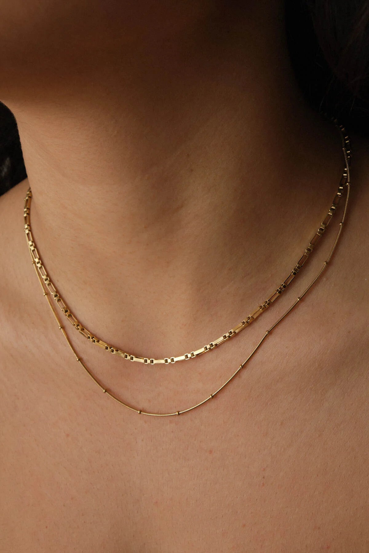 Çelik 2'li Kombin Topçuklu İtalyan ve Dikdörtgen Kare Zincir Kolye Minimal Kararmaz 45+5cm