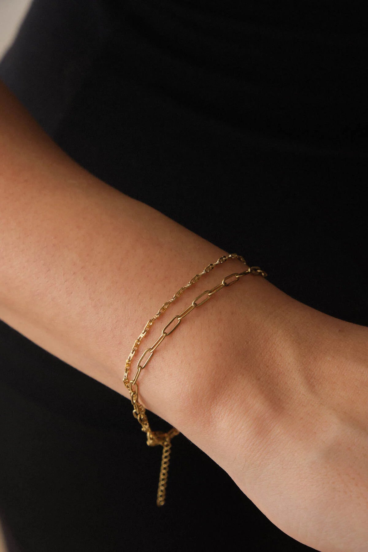 Çelik 2'li Kombin Ataç Ve Dokulu Fermuar Zincir Bileklik Minimal Kararmaz 17+4cm & 21cm