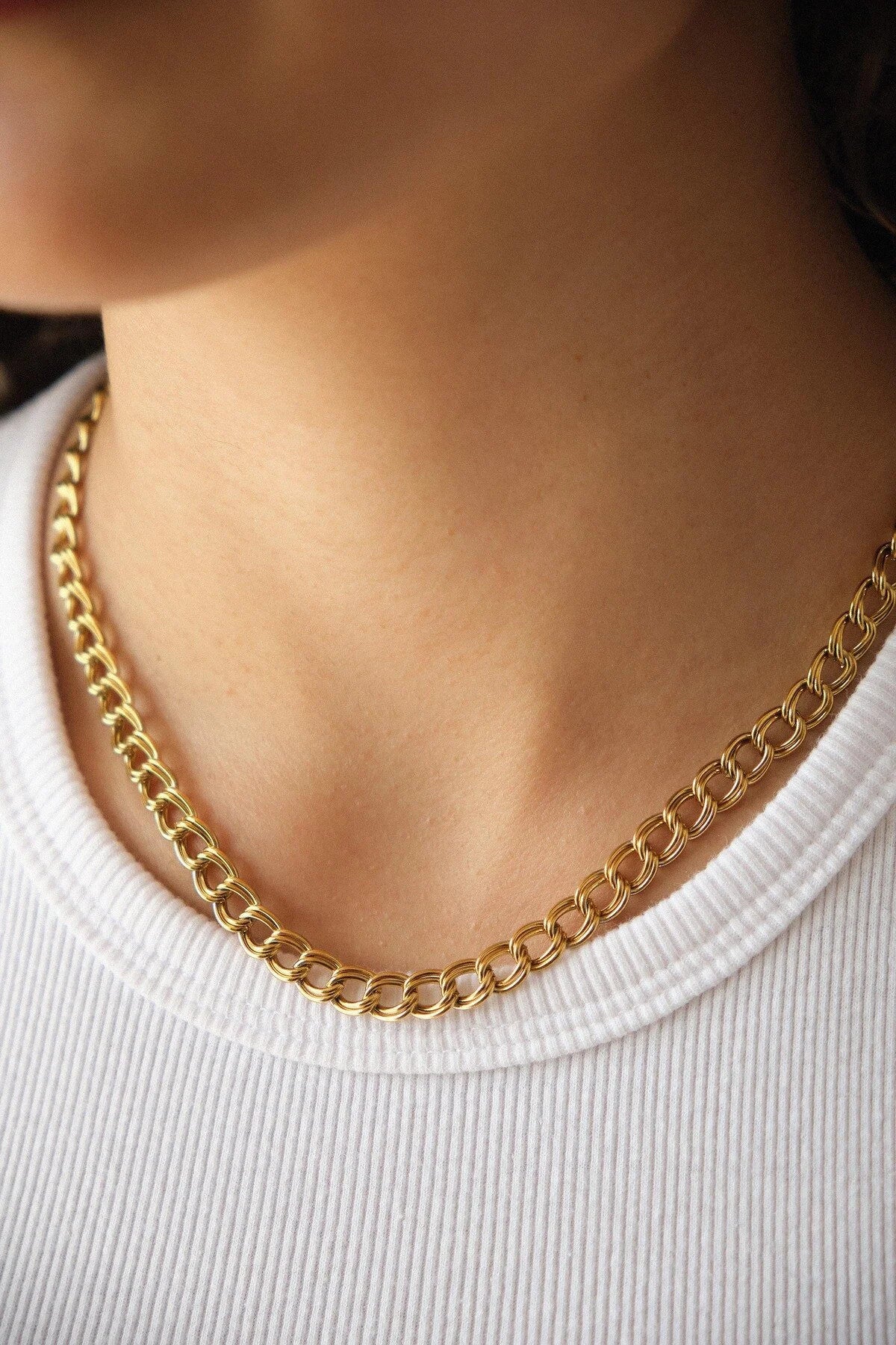 Çelik Çift Halkalı Zincir Kolye Kalın İç İçe Geçmeli Zincir Kolye 7mm Kararmaz