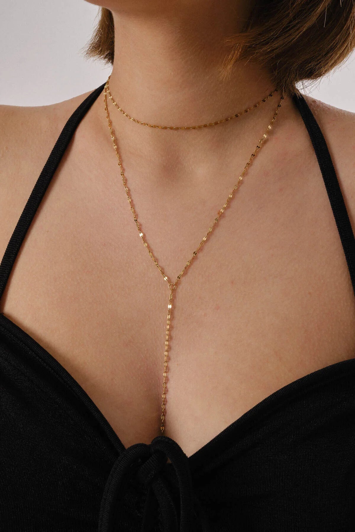 Çelik Dudak Y Kolye Aynalı Zincir Choker Dekolte Kolye 1mm Zarif Minimal