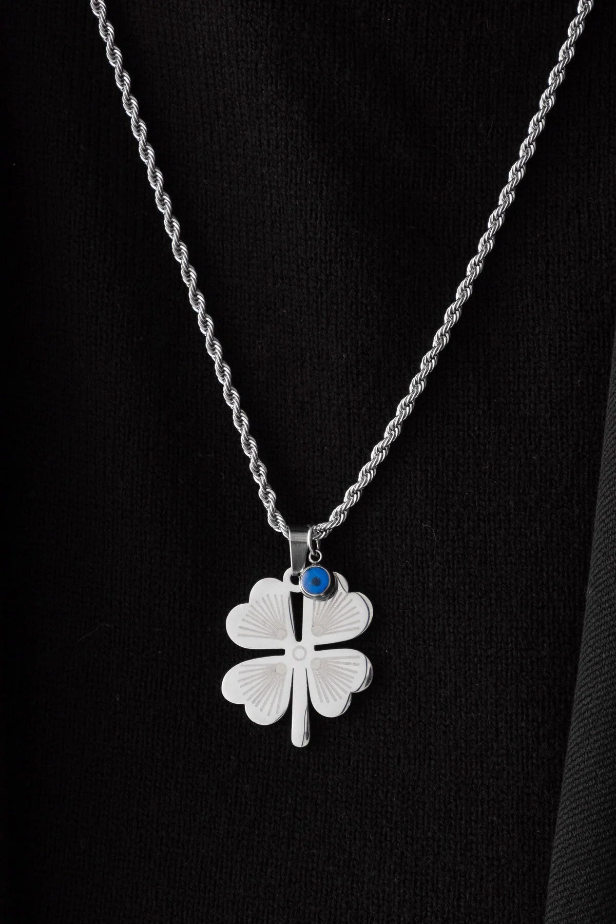 Çelik Yonca Kolye Nazar Boncuklu Dört Yapraklı Yonca Arkadaşa Dosta Hediye 60cm