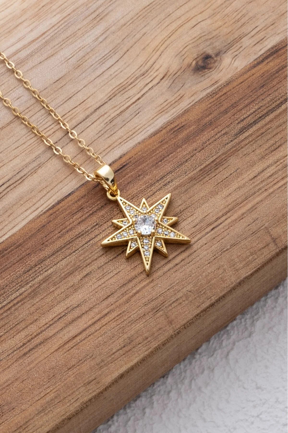 Çelik Yıldız Kolye Kutup Yıldızı Beyaz Zirkon Taşlı Kararmaz