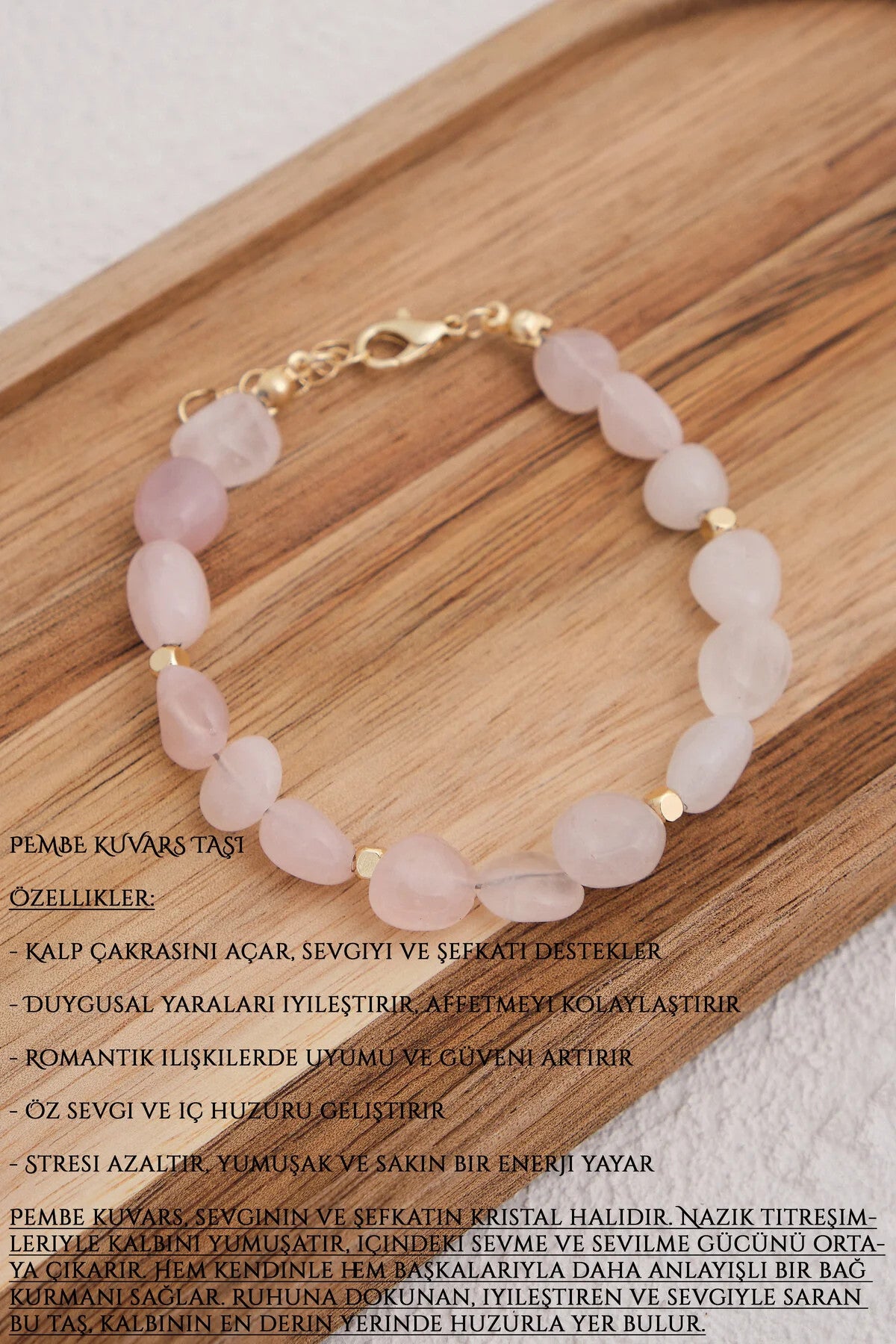 Pembe Kuvars Doğal Taş Bileklik 17cm+4cm El İşi Özel Yapım Gerçek Pembe Kuvars Taş