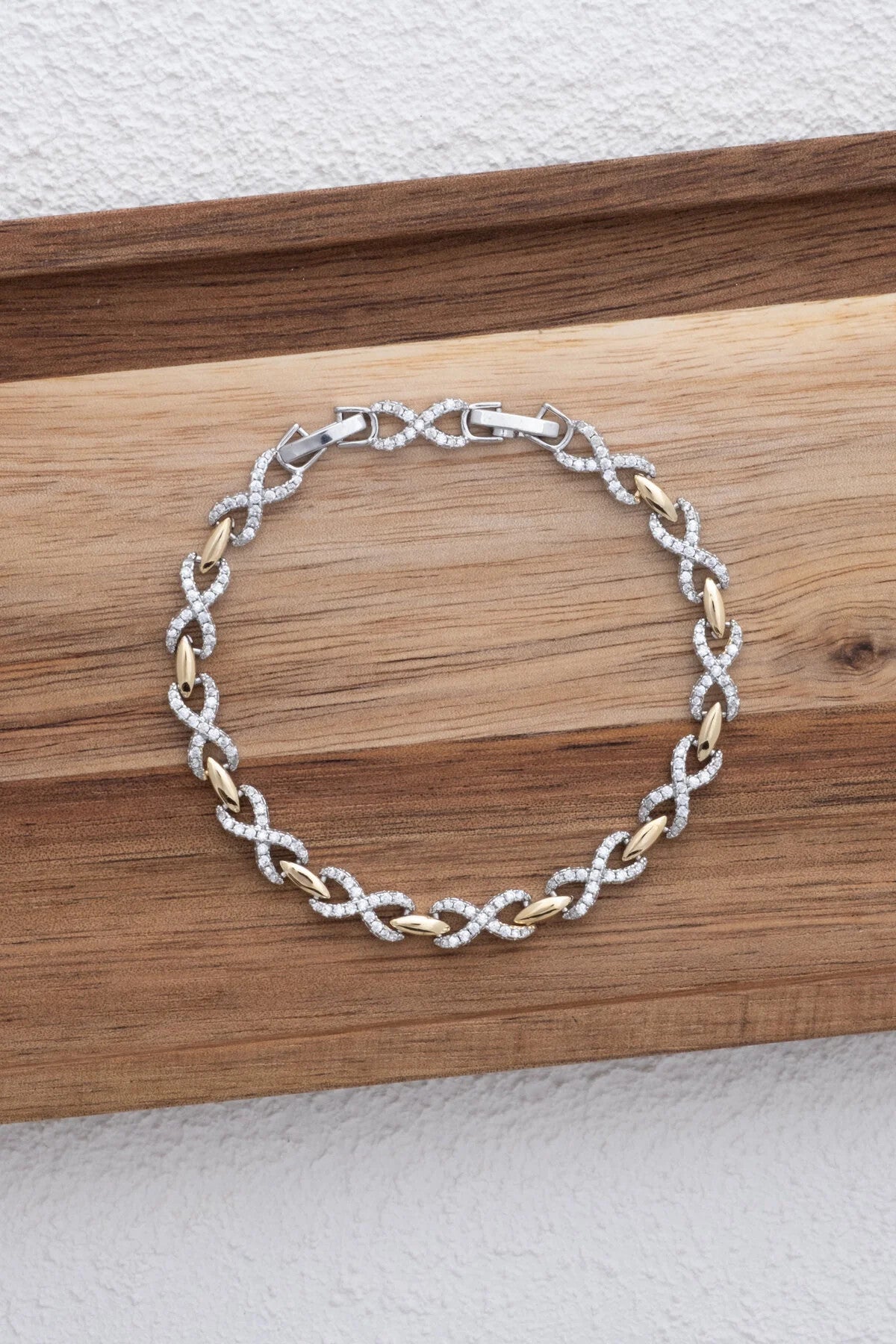 VIP Sonsuzluk Sembollü Bileklik Rodyum Kaplama Zirkon Taşlı 17+3cm Çift Renkli Gümüş Altın