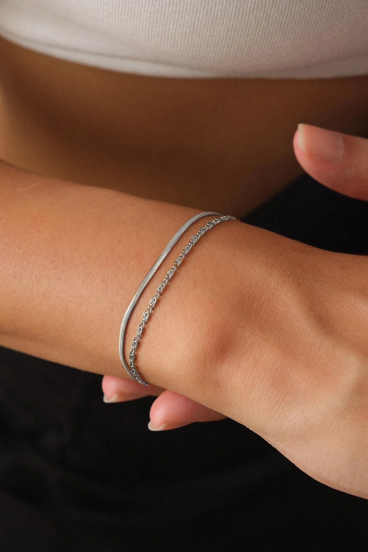 Çelik Flumka İtalyan Zincir 2li Bileklik Kararmaz 17+6cm 2mm & 1mm Salyangoz Kombin Bileklik