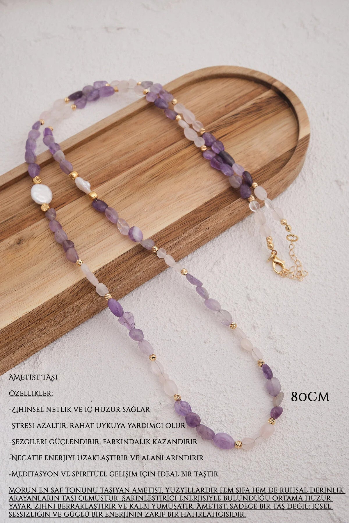 Ametist Doğal Taş Kolye 80cm Dekolte Doğal Taş Kolye El İşi Özel Yapım Ametist Taşı