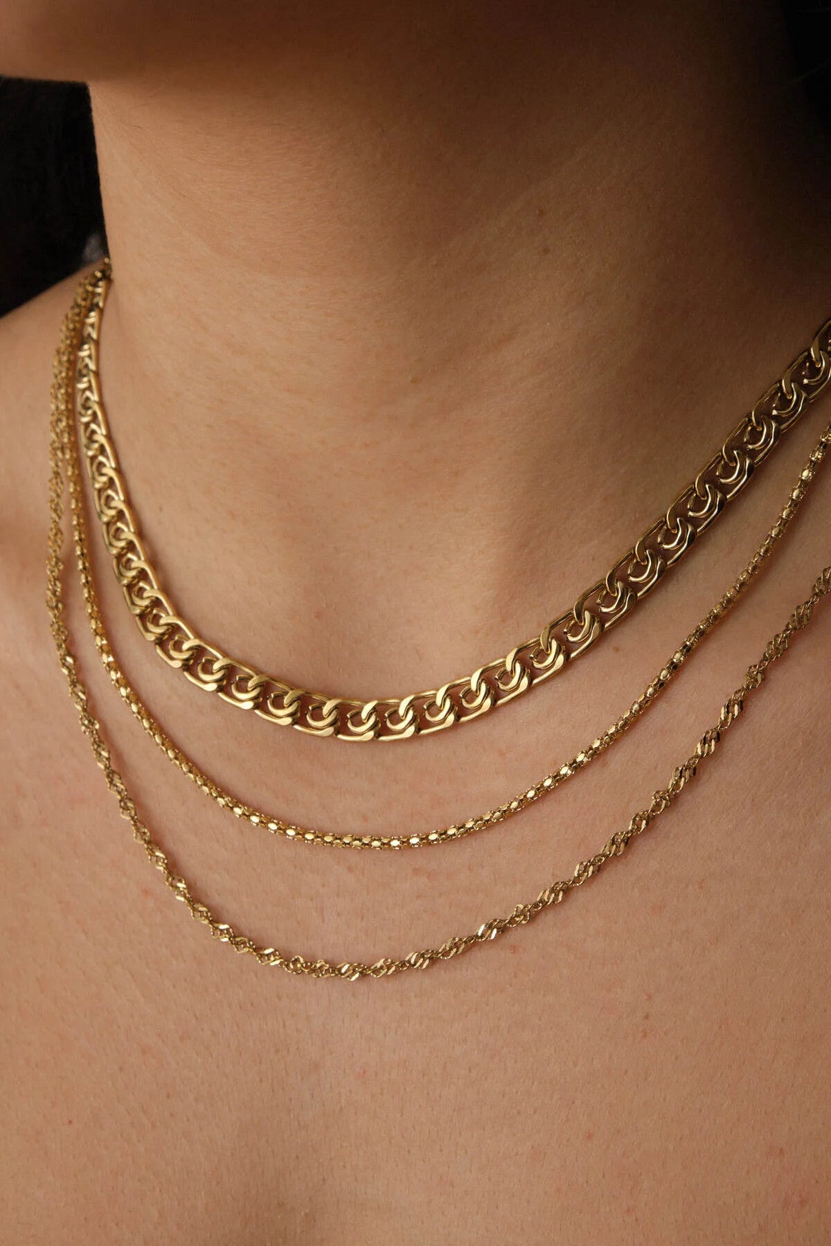 Çelik 3'lü Kombin Singapur, Salyangoz ve Pullu Halat Zincir Kolye Minimal Kararmaz 45cm