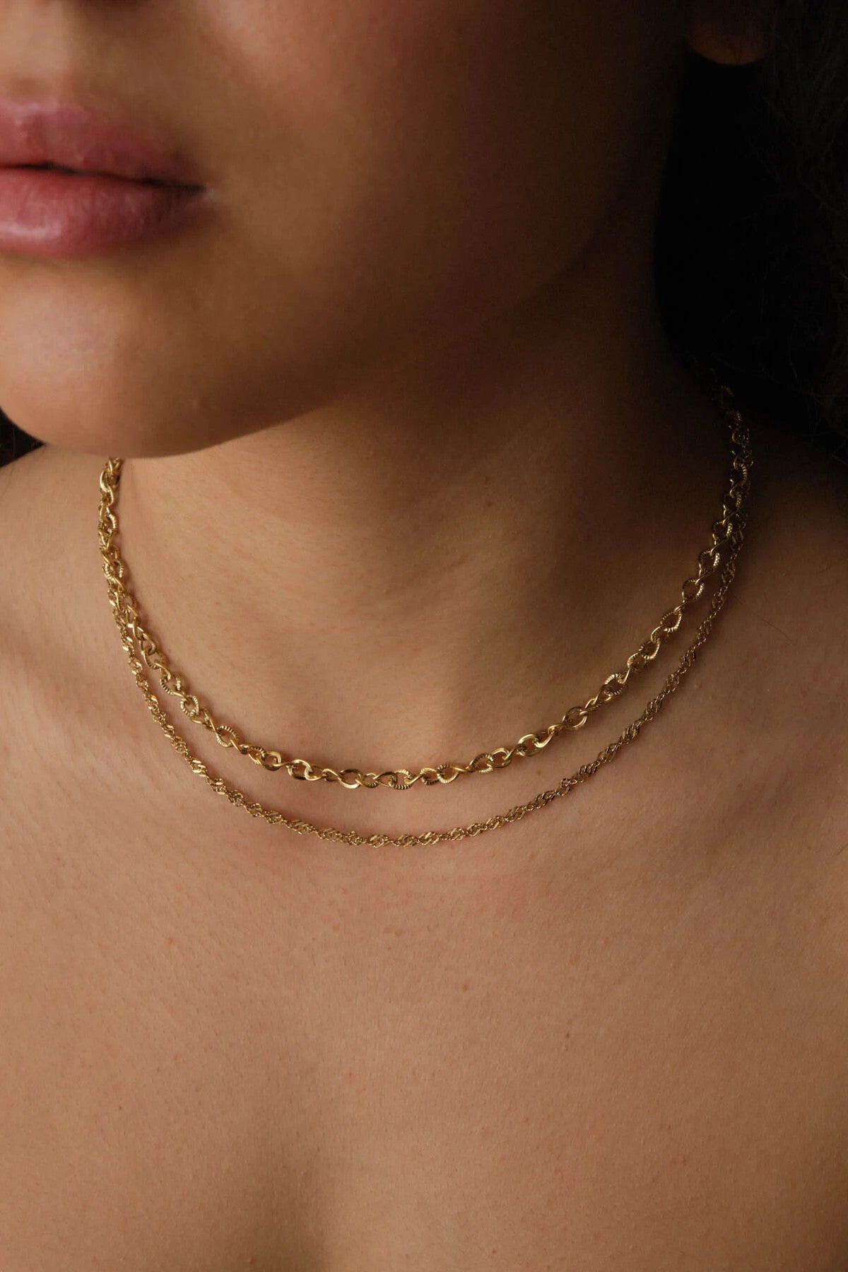 Çelik 2'li Kombin Singapur ve Dokulu Sarmal Zincir Kolye Minimal Kararmaz 45cm