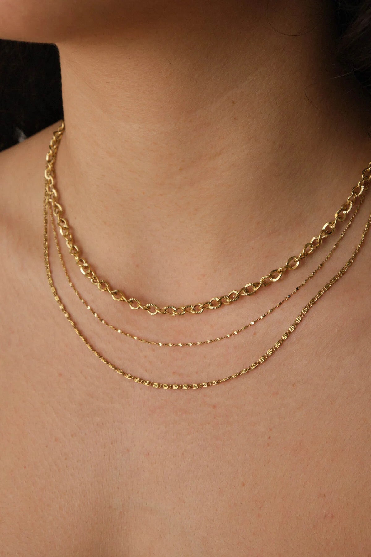 Çelik 3'lü Kombin Dokulu Sarmal, Salyangoz ve Ezme Burgu Zincir Kolye 45cm+5cm Minimal Kararmaz