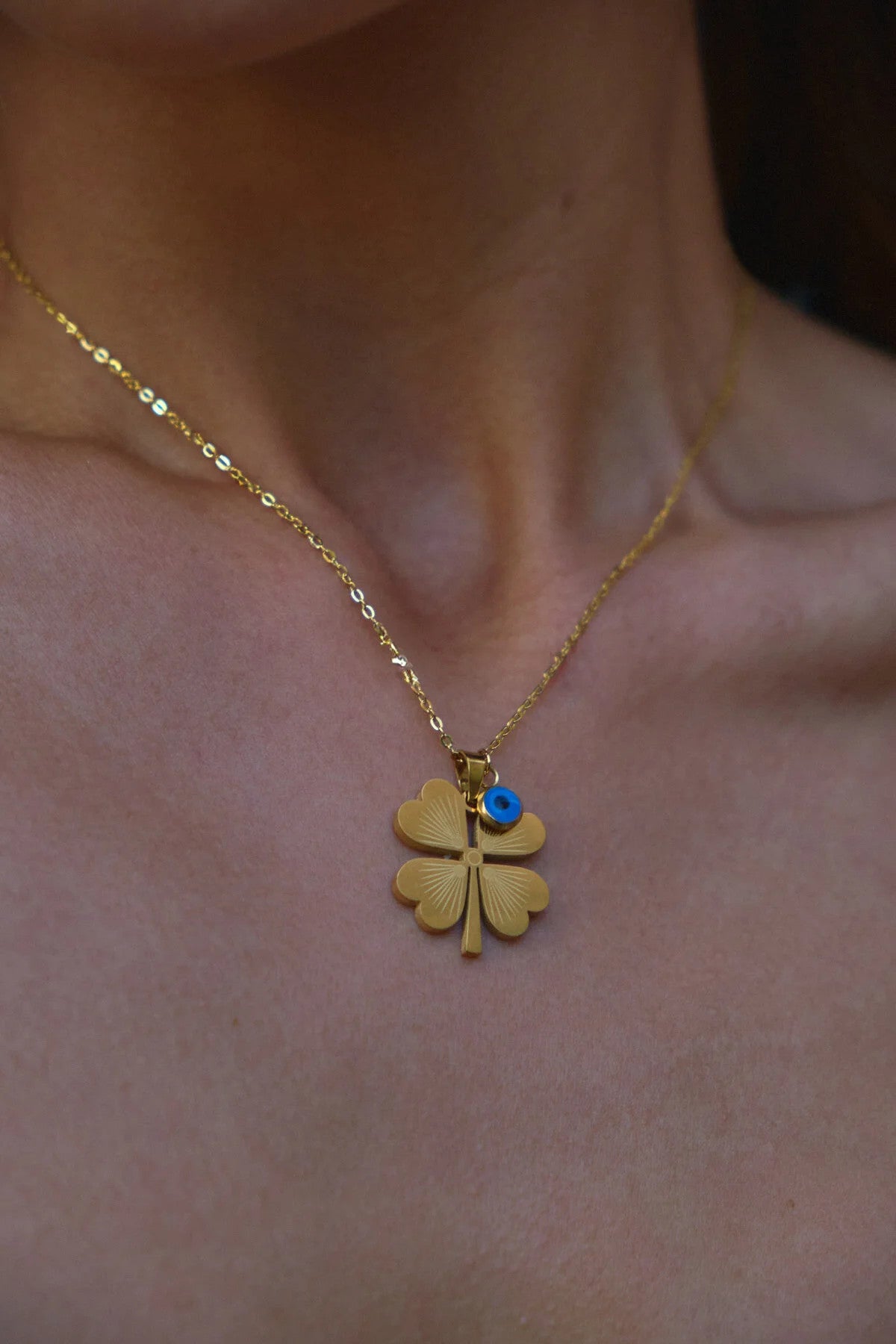 Çelik Yonca Kolye Nazar Boncuklu Dört Yapraklı Yonca Arkadaşa Dosta Hediye 45cm